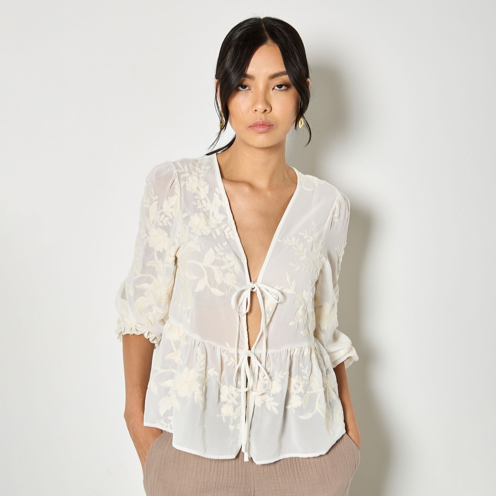 Apricot Embroidered Chiffon Peplum Top