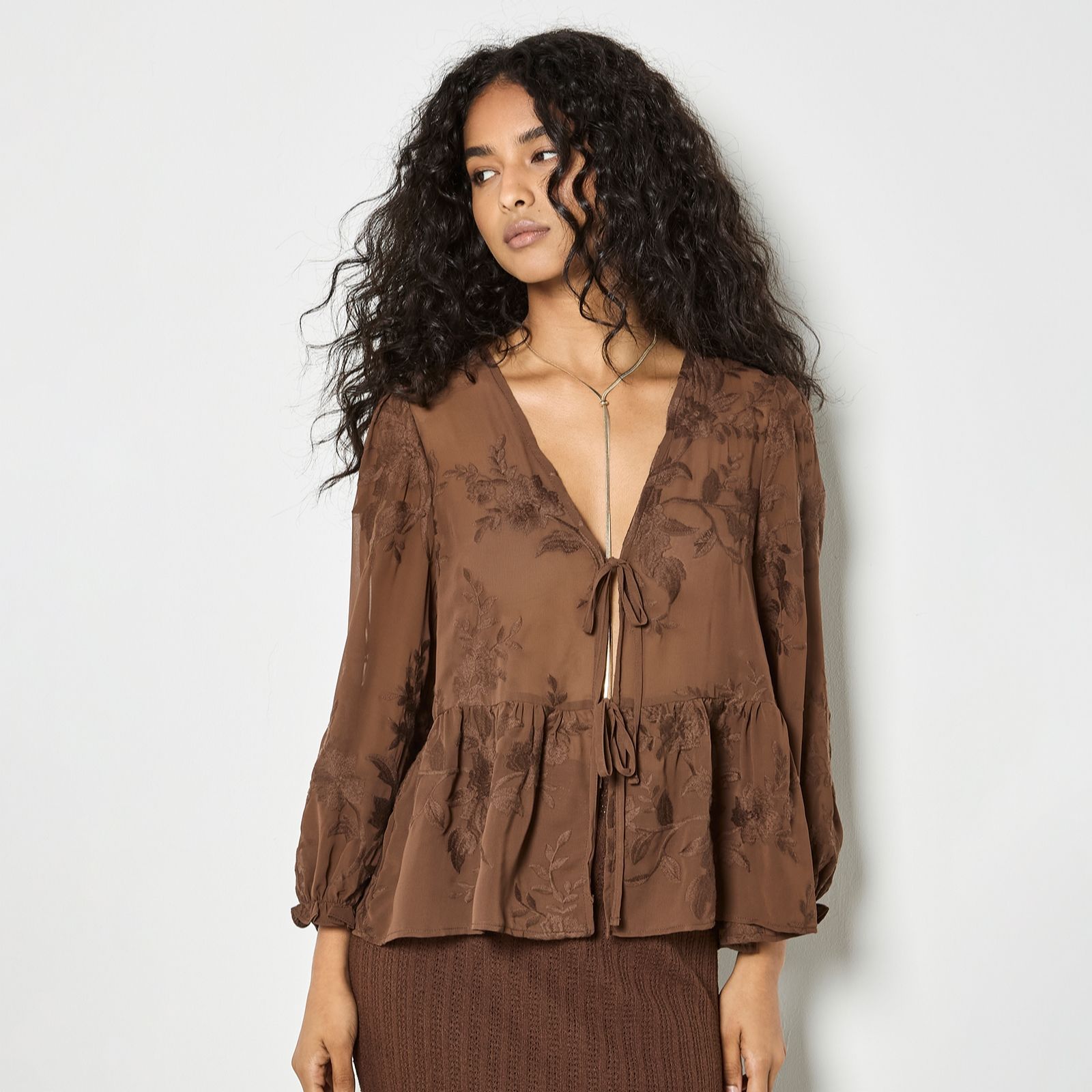 Apricot Embroidered Chiffon Peplum Top