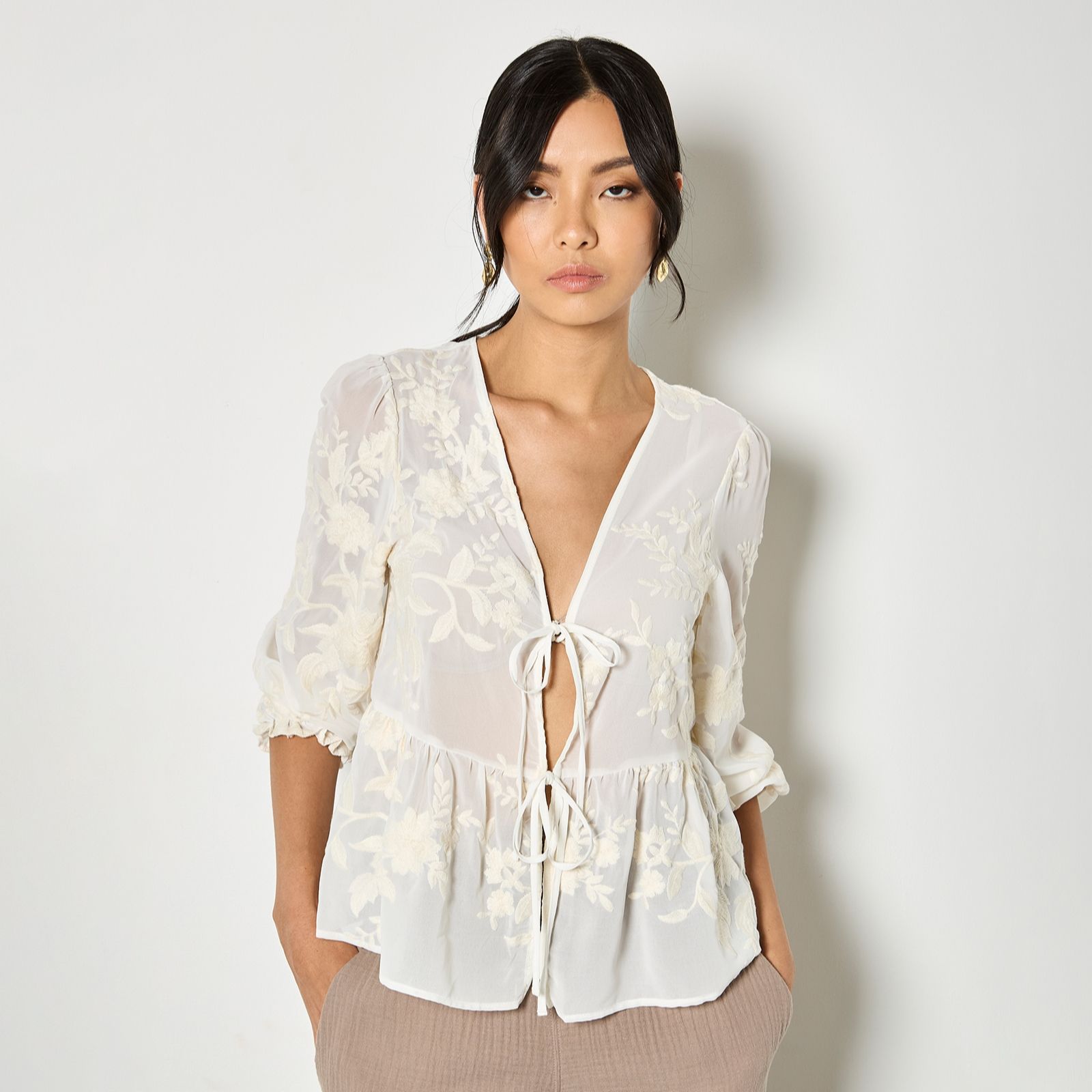 Apricot Embroidered Chiffon Peplum Top