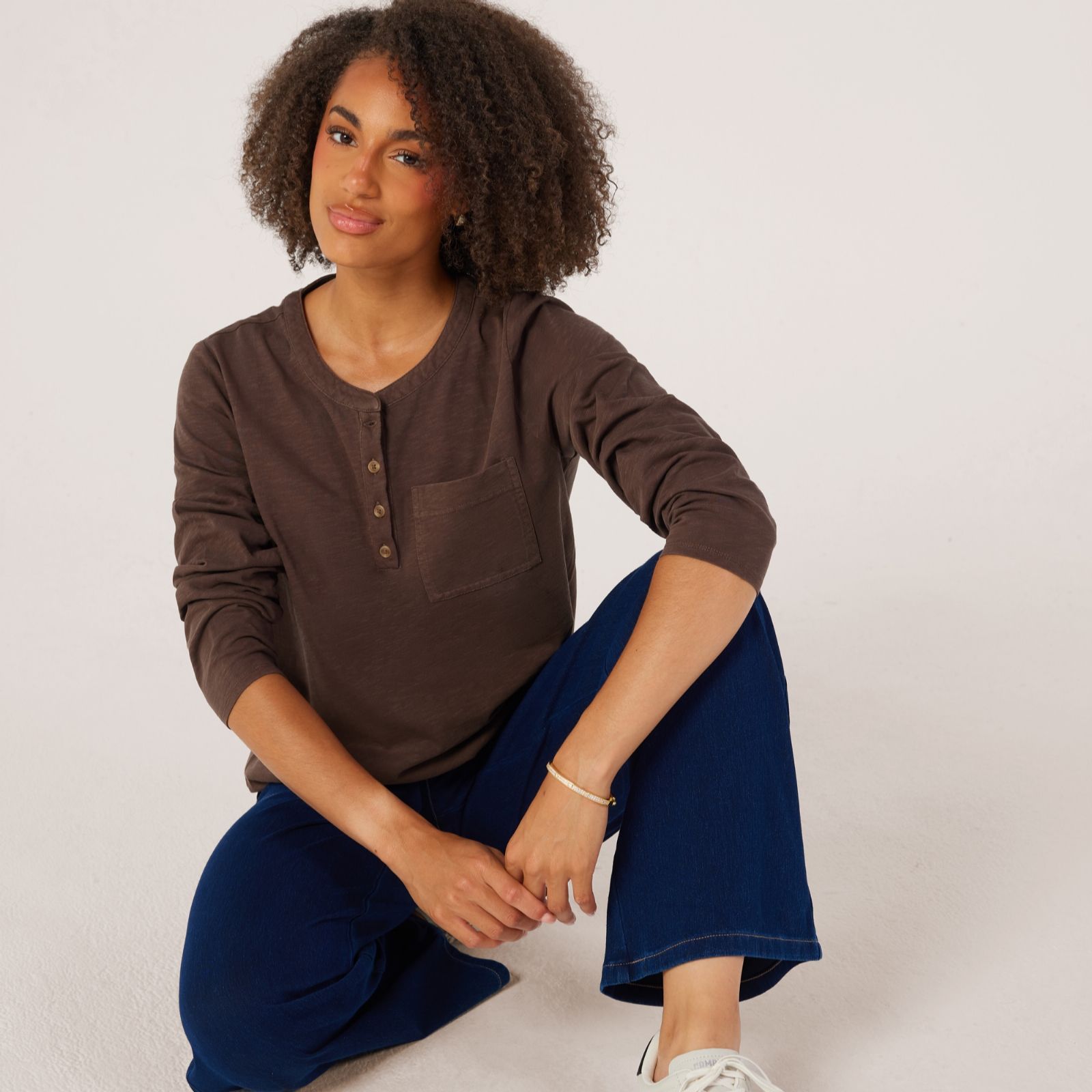 Denim & Co. Long Sleeve Garment Dyed Button Neckline Top