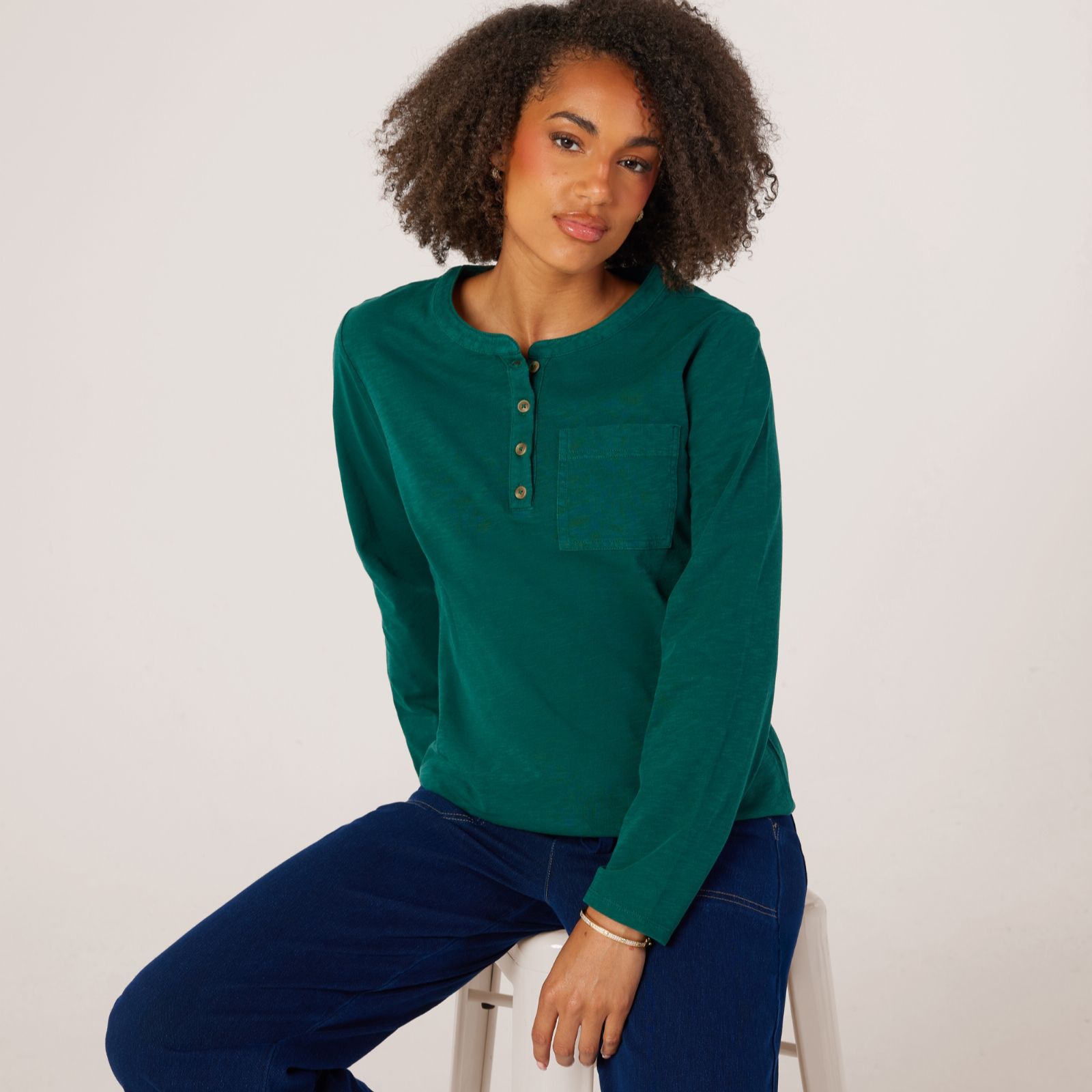 Denim & Co. Long Sleeve Garment Dyed Button Neckline Top