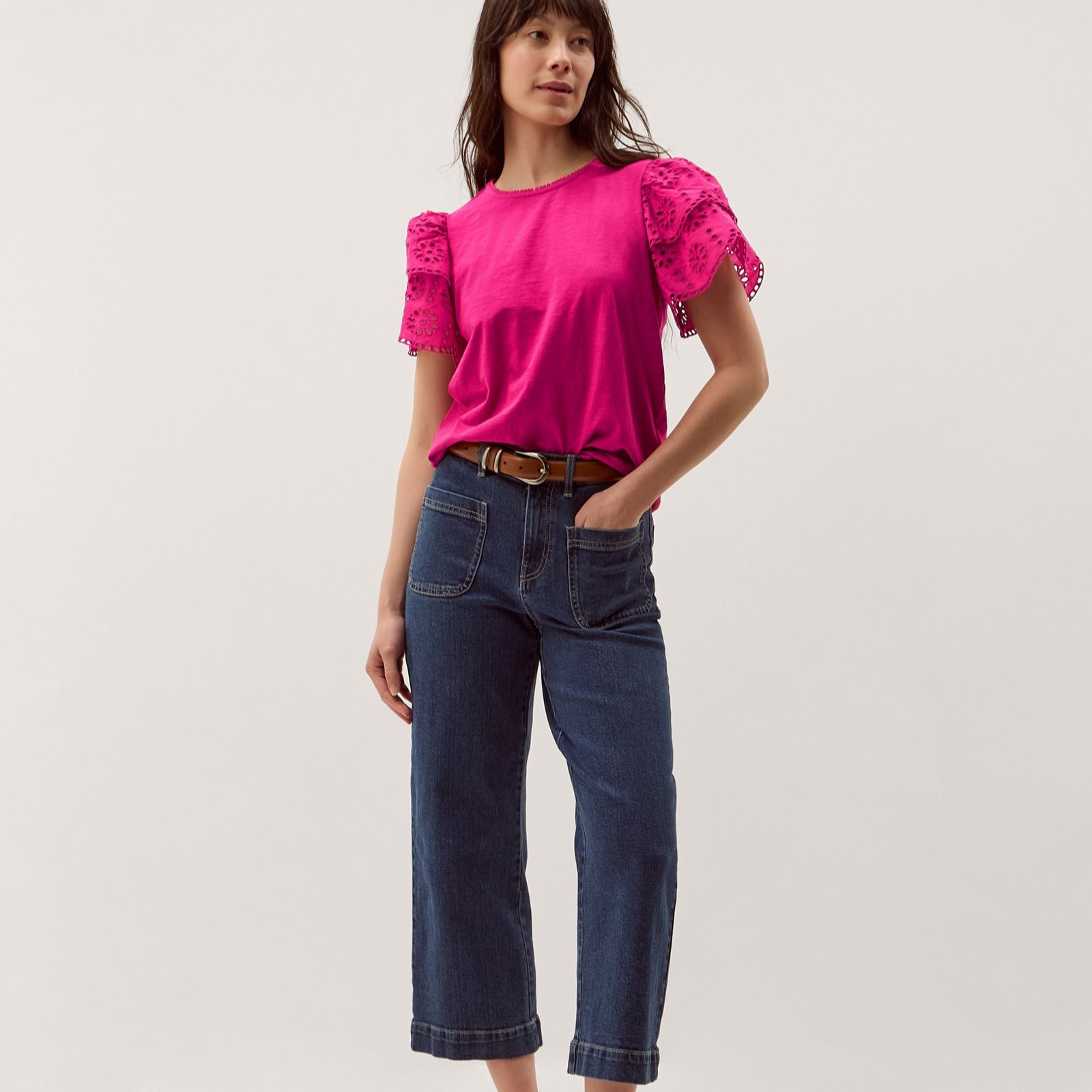 Monsoon Bev Broderie Sleeve Jersey T shirt