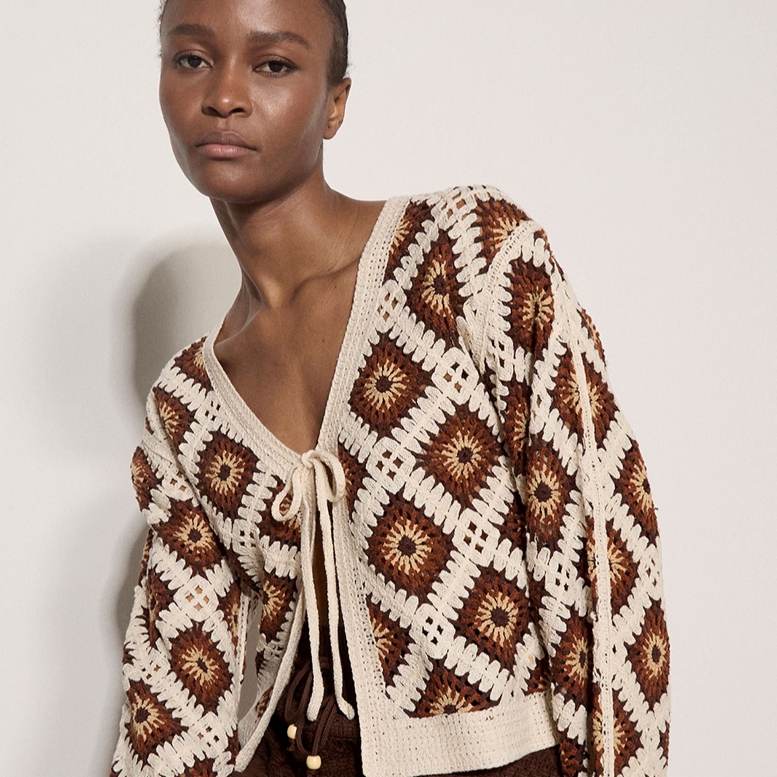 Apricot Diamond Tie-Up Cardigan