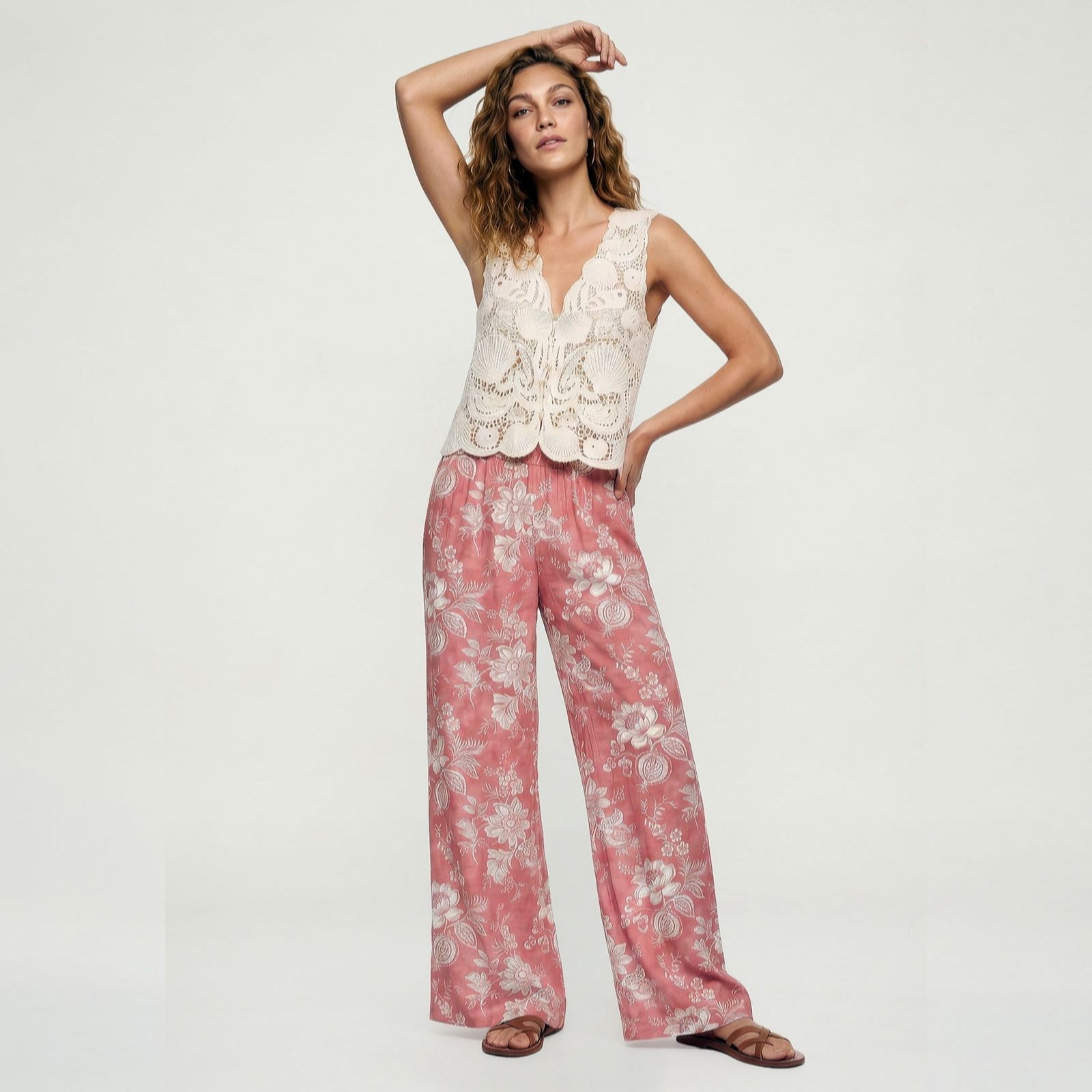 Raffya Atlas Floral Print High Waist Palazzo Trousers