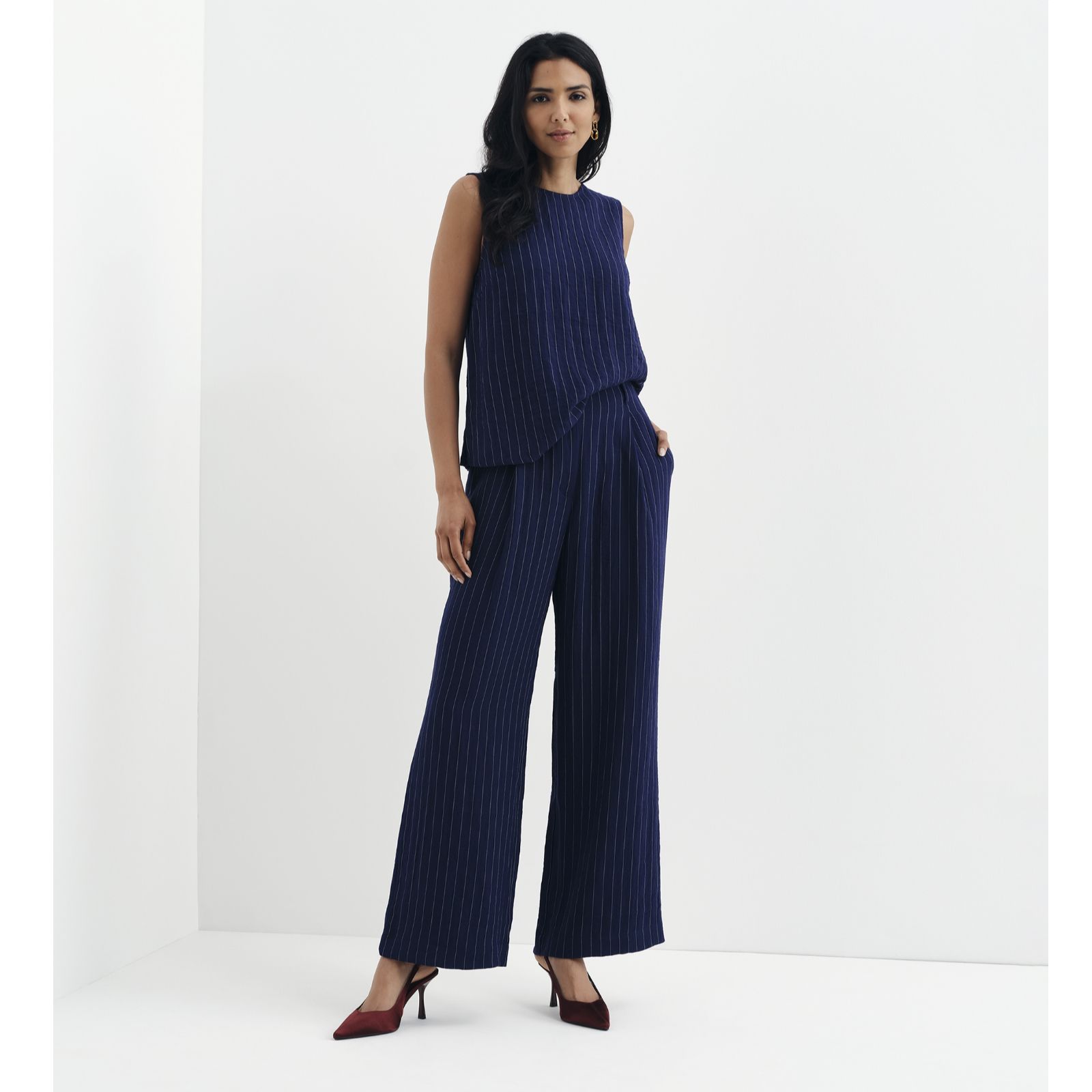 Finery London Mara Striped Wide Leg Trousers Petite