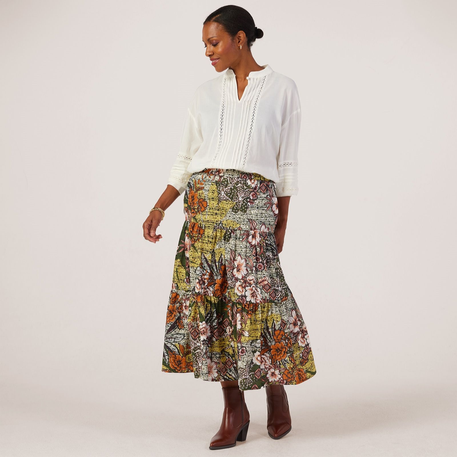 Helene Berman 100% Cotton Floral Tiered Skirt