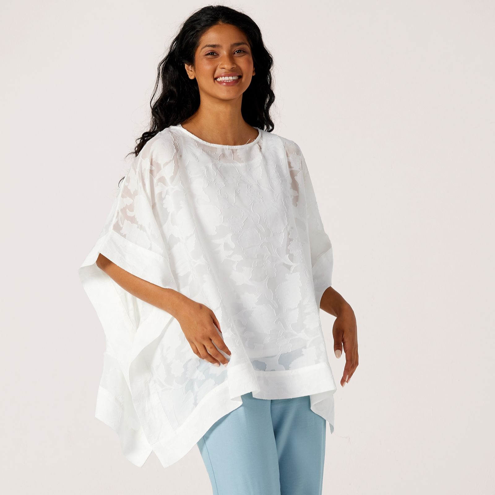 Nina Leonard Boatneck Jacquard Chiffon Kimono Top