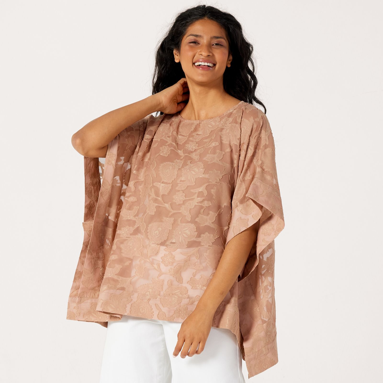 Nina Leonard Boatneck Jacquard Chiffon Kimono Top