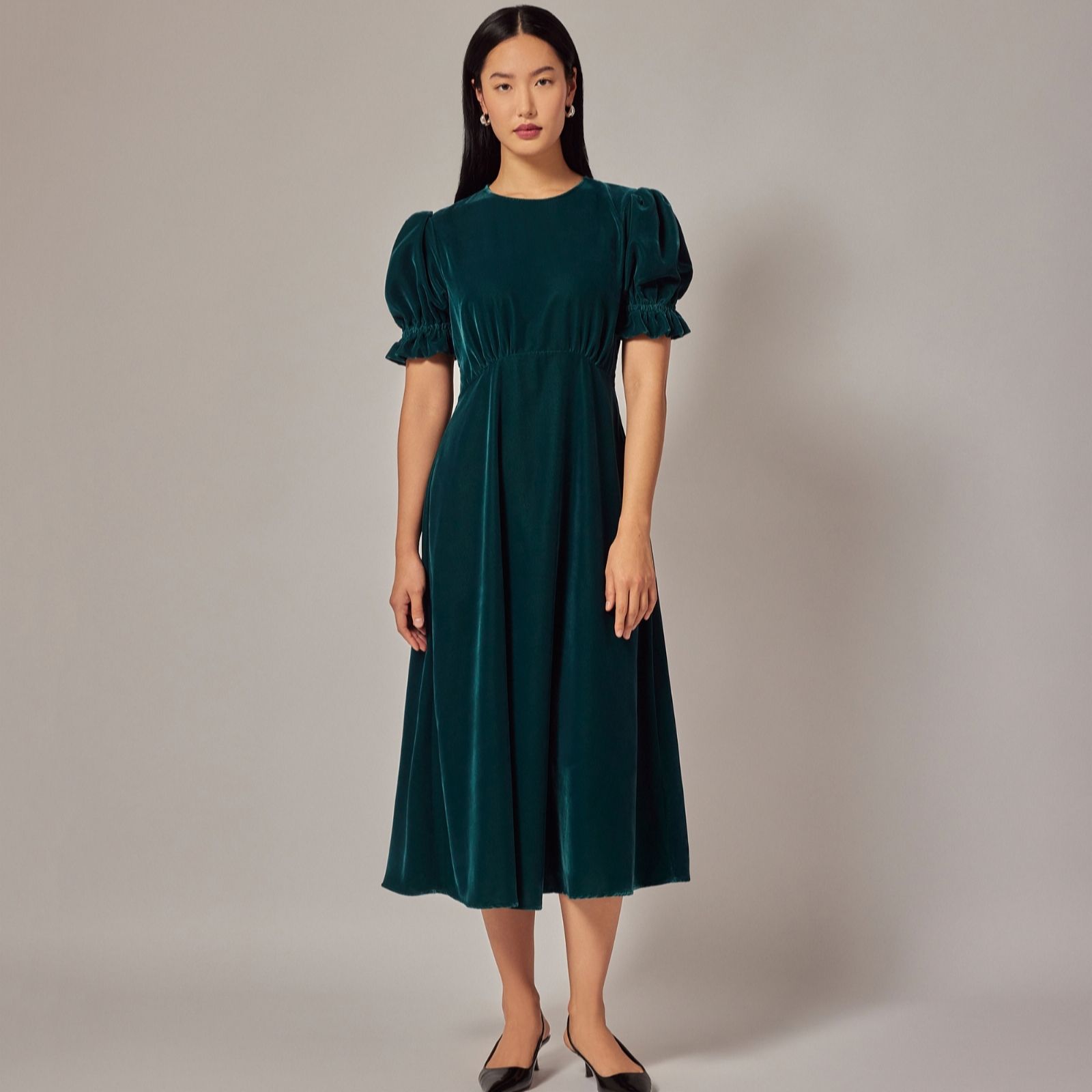 Finery London Mela Teal Stretch Velevet Midi Dress