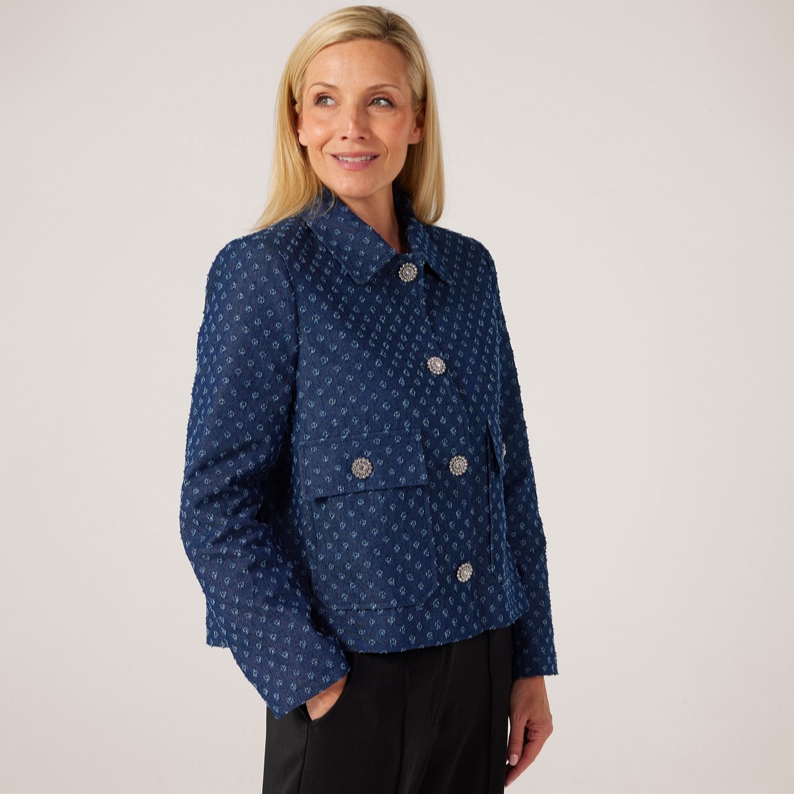 Helene Berman Denim Jacket with Crystal Button