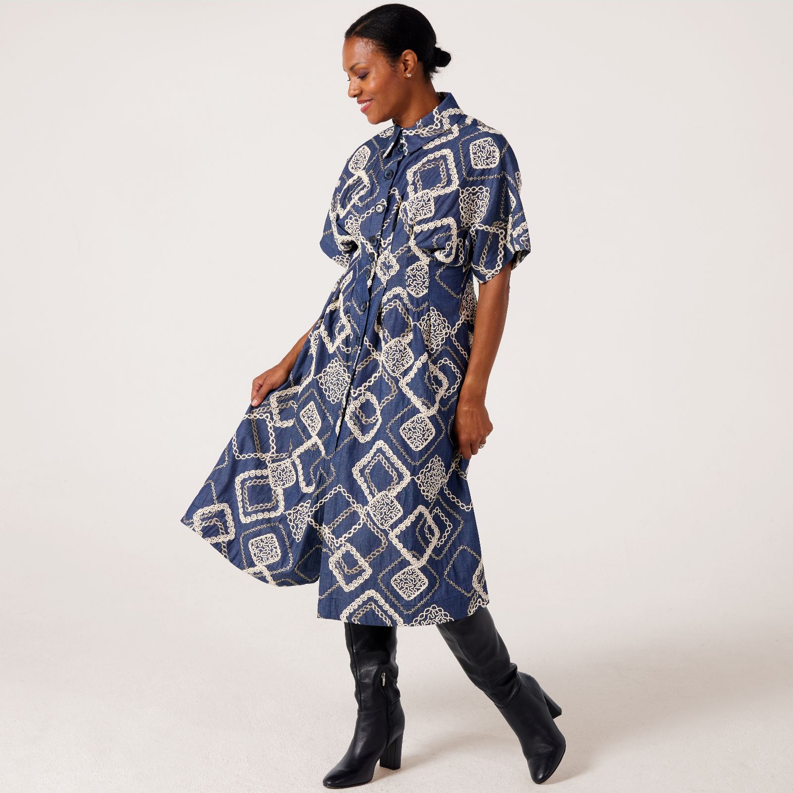 Helene Berman Embroidered Denim Pleated Waist Dress