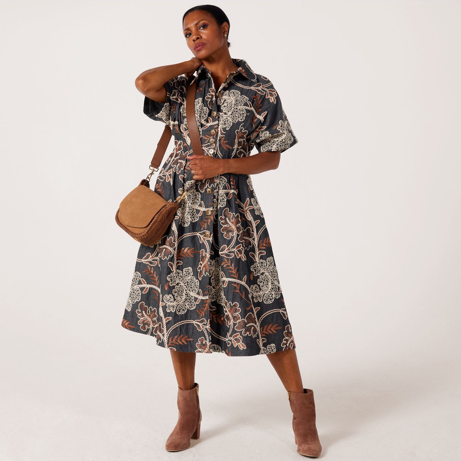 Helene Berman Embroidered Denim Pleated Waist Dress