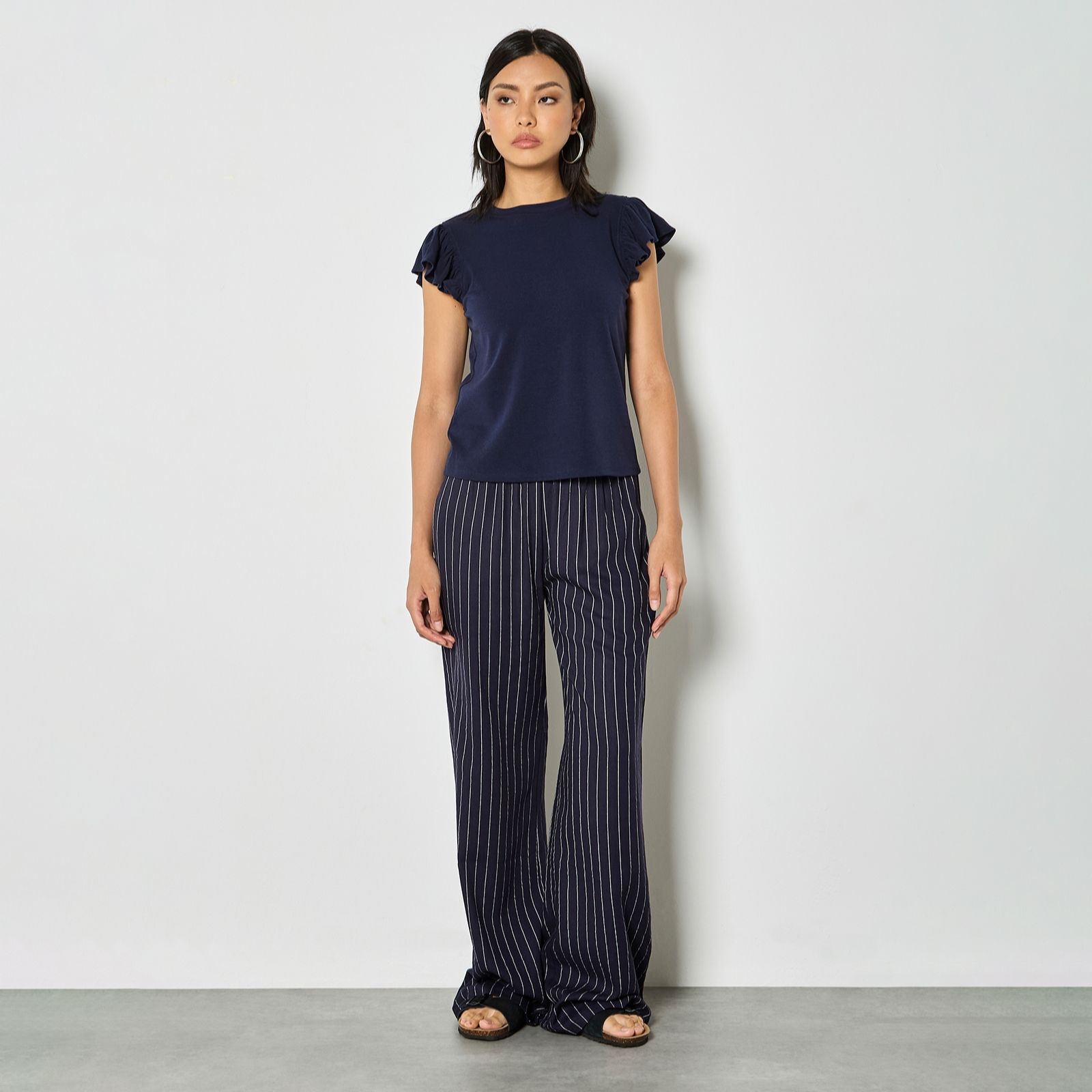 Apricot Pinstripe Linen Wide Leg Trousers