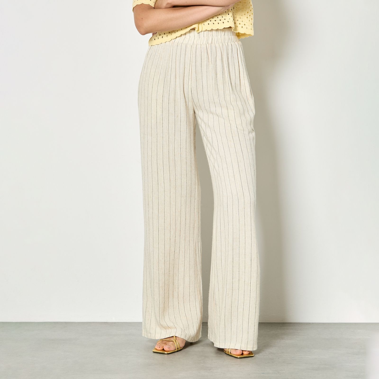 Apricot Pinstripe Linen Wide Leg Trousers