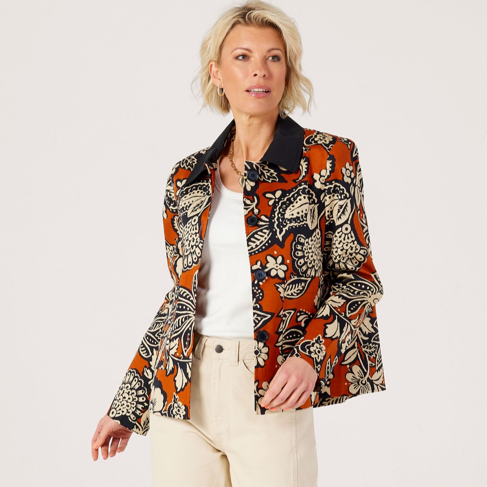 Helene Berman Cotton Stretch Printed Floral Orange Jacket