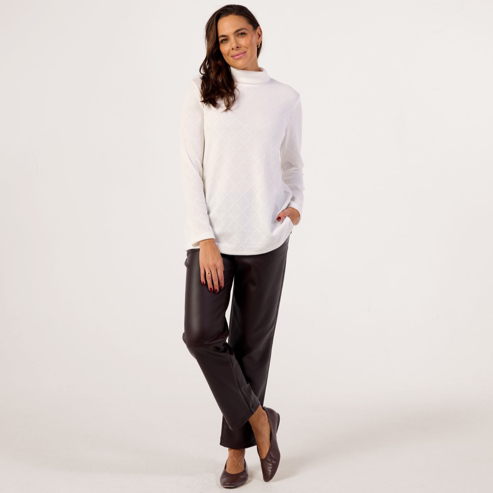 Kim & Co Soft Diamond Knit Cowl Neck Mid Length Top