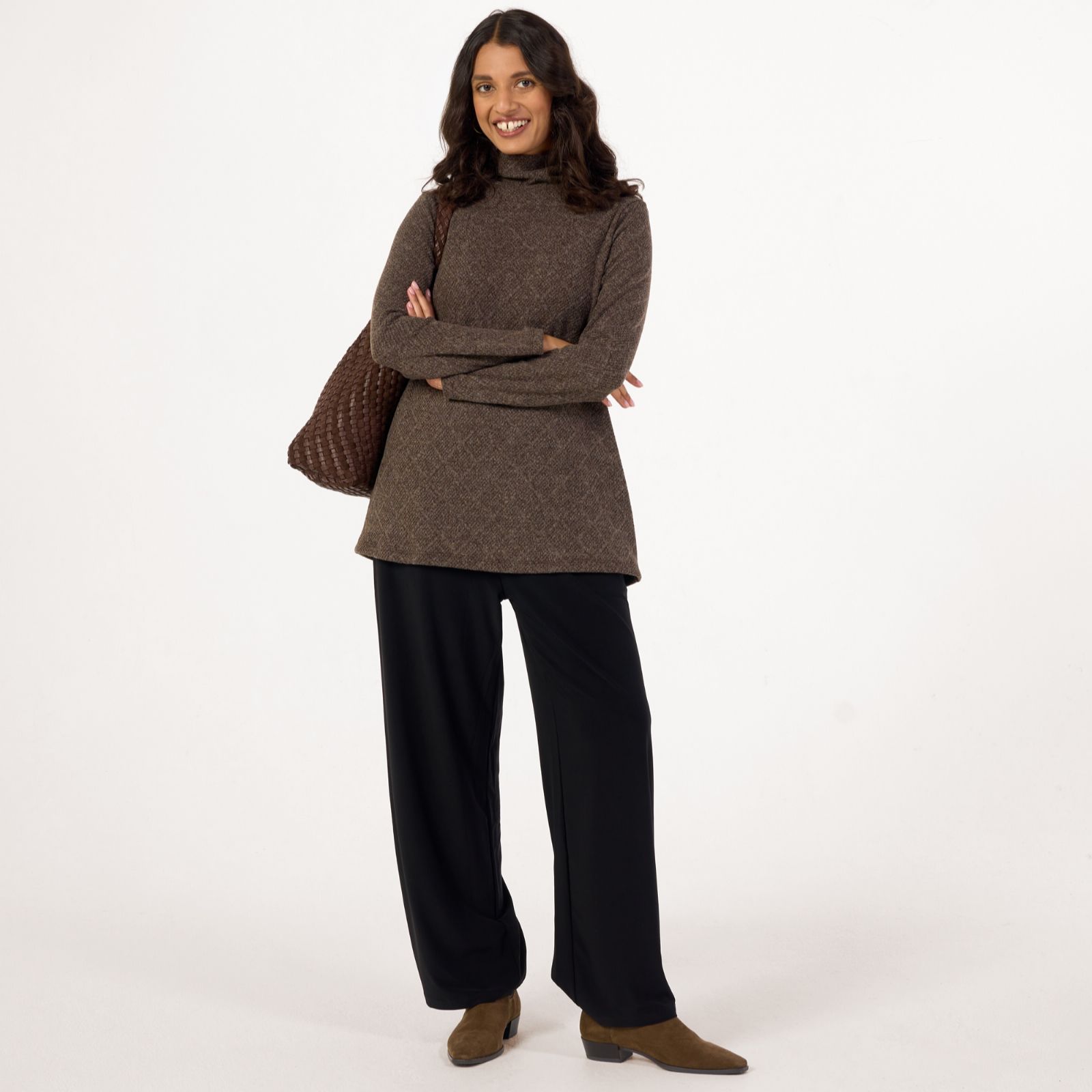 Kim & Co Soft Diamond Knit Cowl Neck Mid Length Top