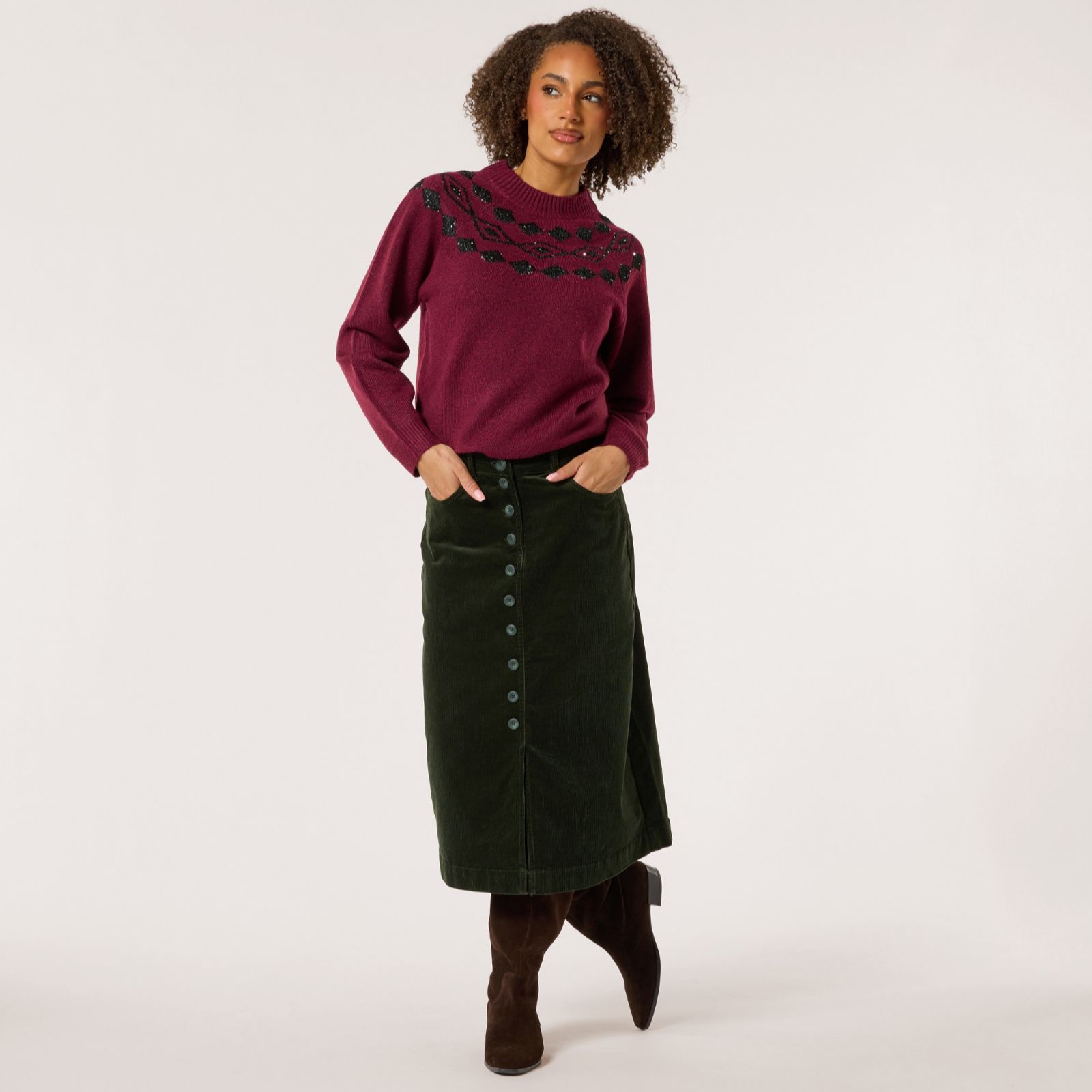 Denim & Co. Cord Button Front Skirt