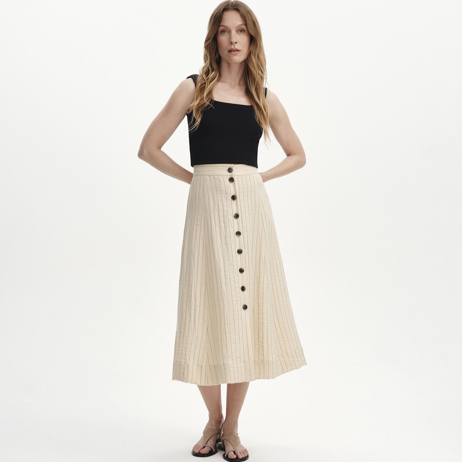 Finery London Frances Striped Tailored Button Through Midi Skirt
