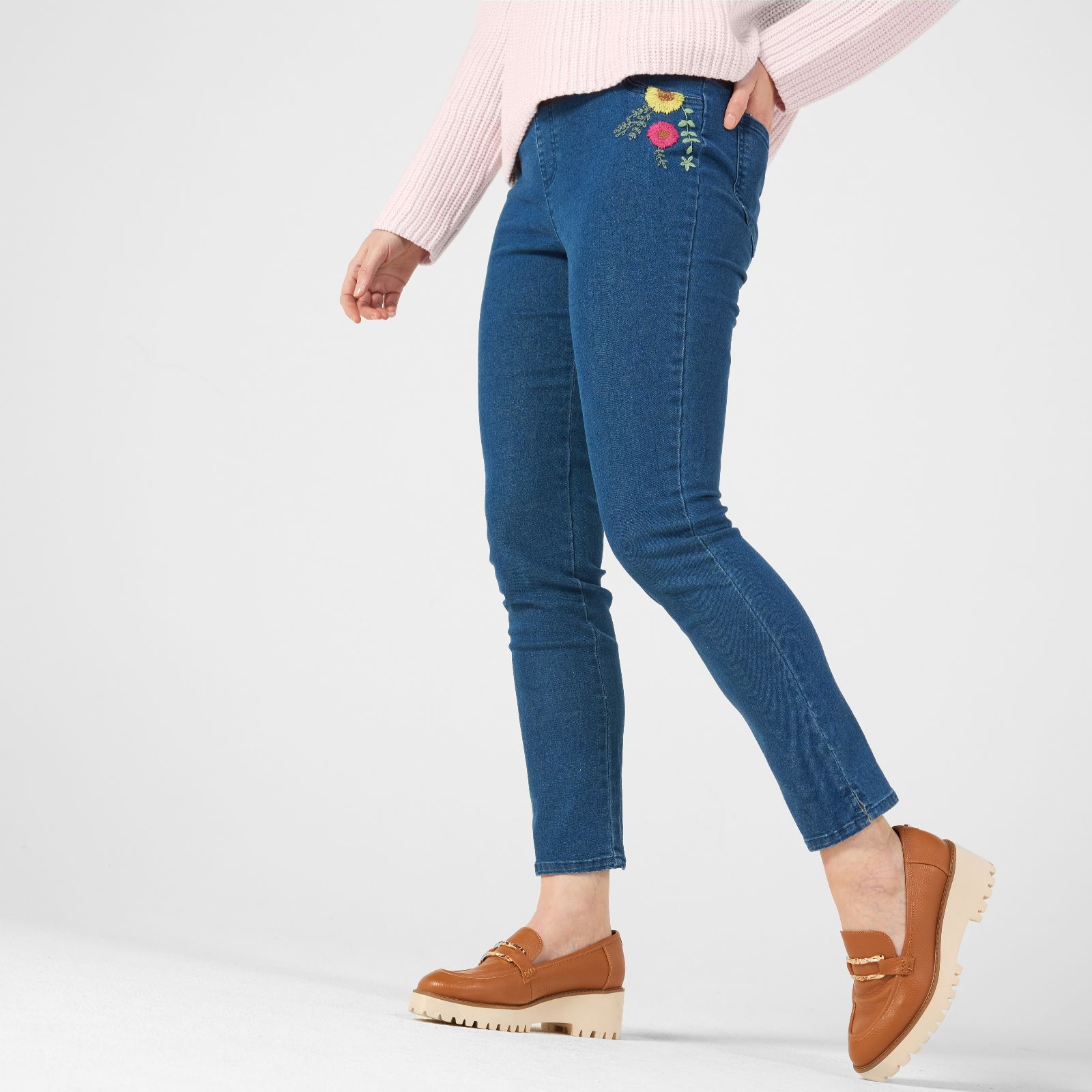 Nina Leonard Embroidered Stretch Denim Pull On Trousers - QVC UK