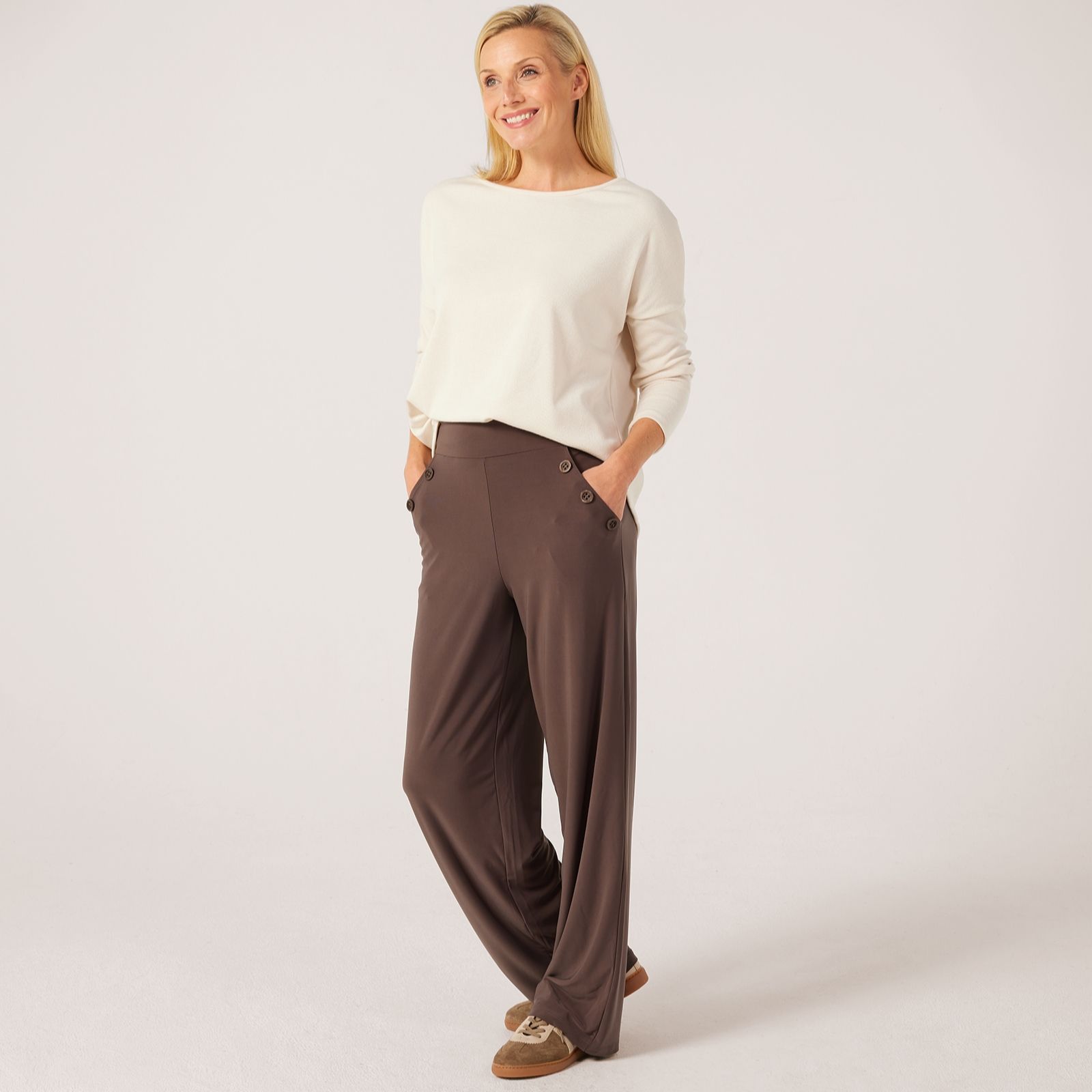 Kim & Co Brazil Jersey Button Detail Wide Leg Trousers Standard