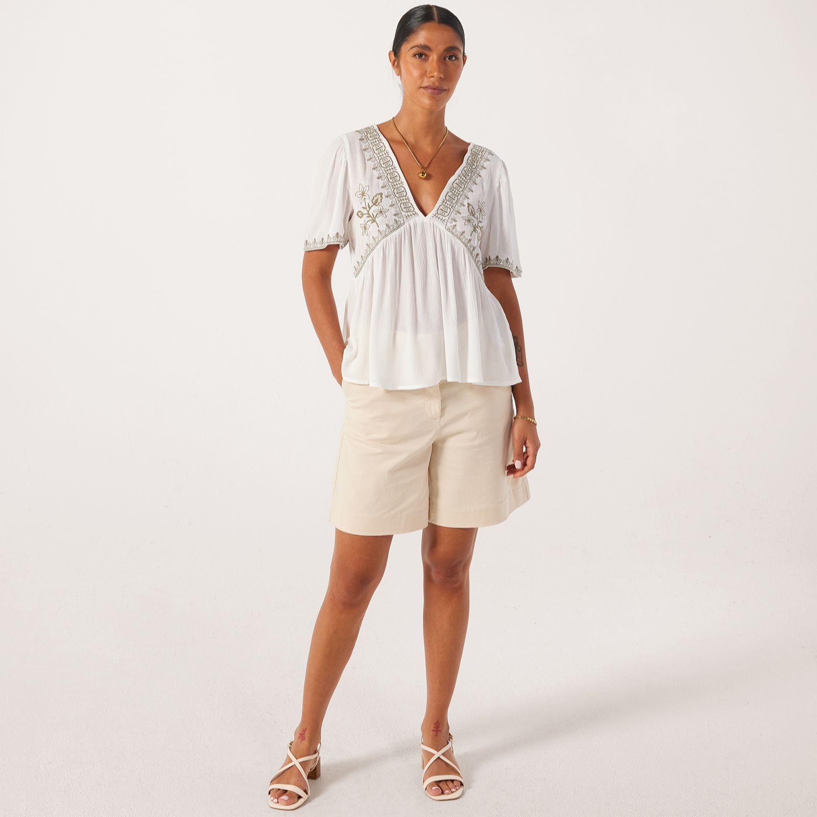 JDY Harper Embroidery Detail V-Neck Top