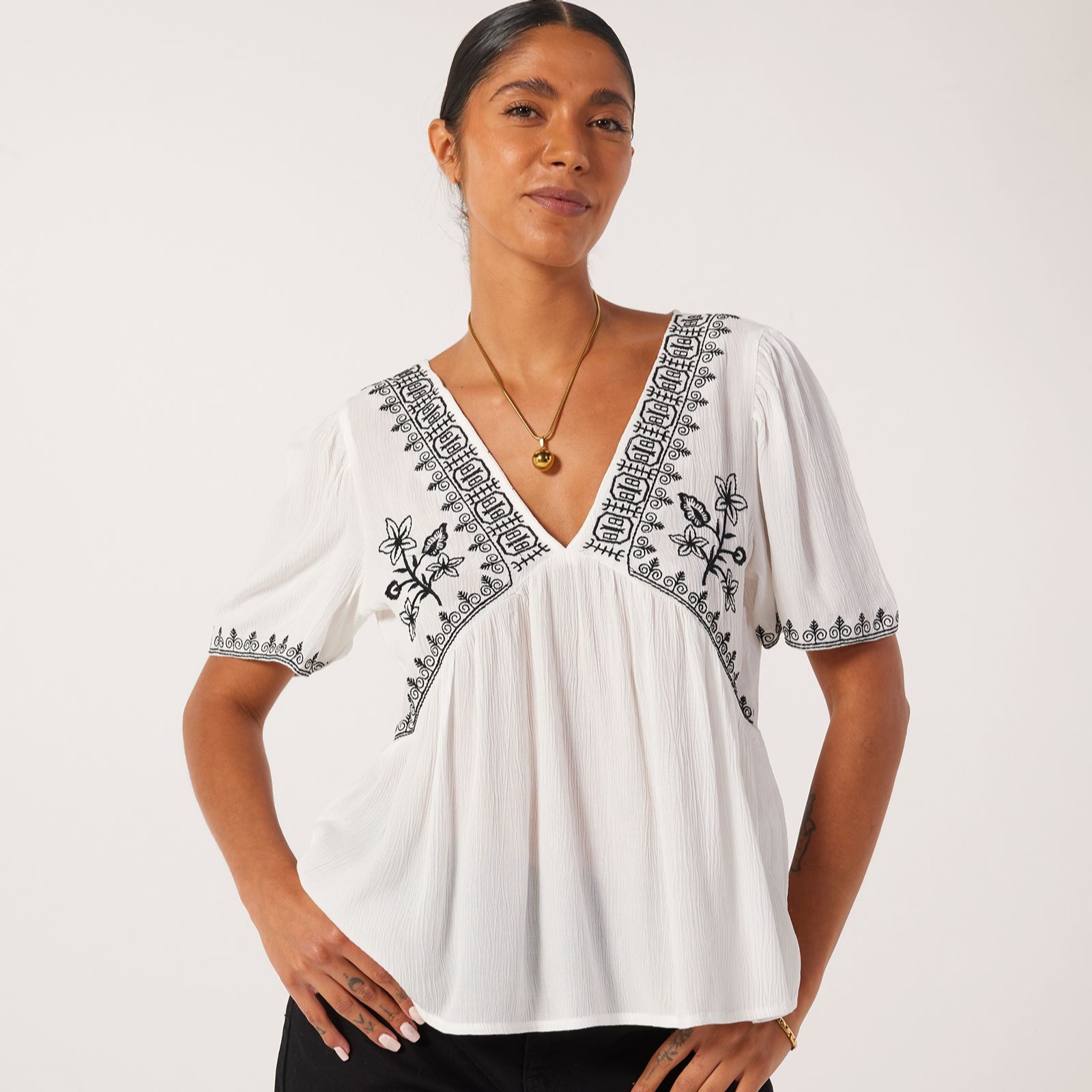 JDY Harper Embroidery Detail V-Neck Top