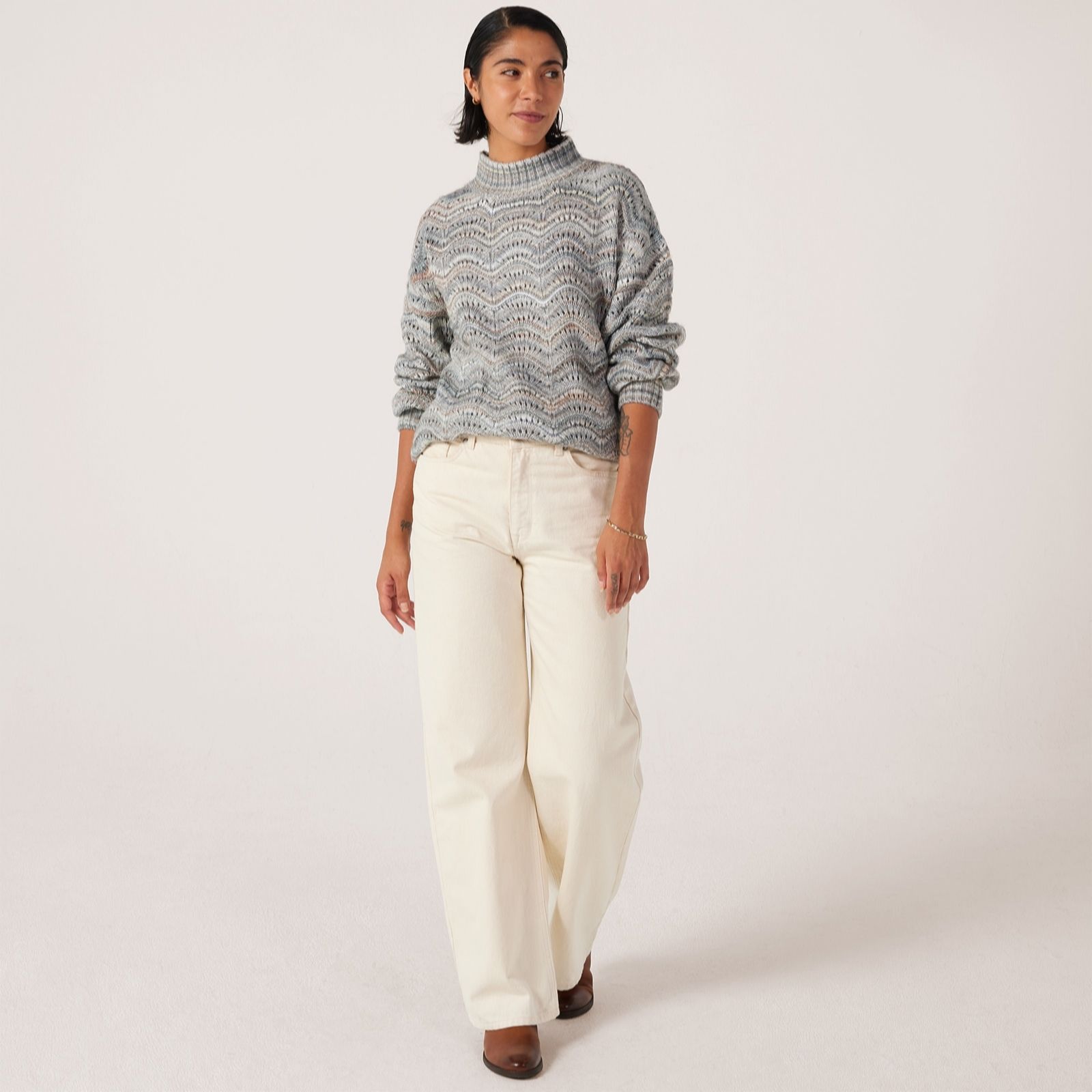 Denim & Co. Pointelle Stripe High Neck Jumper