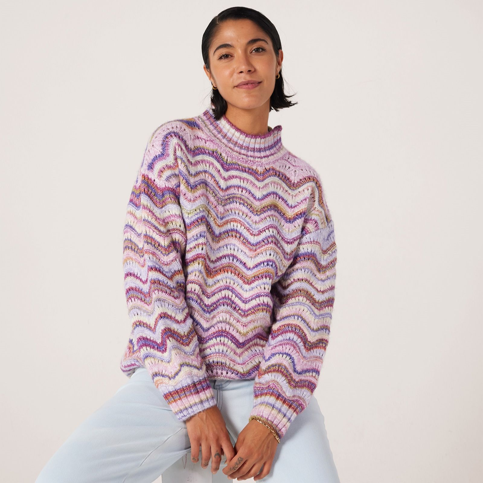 Denim & Co. Pointelle Stripe High Neck Jumper
