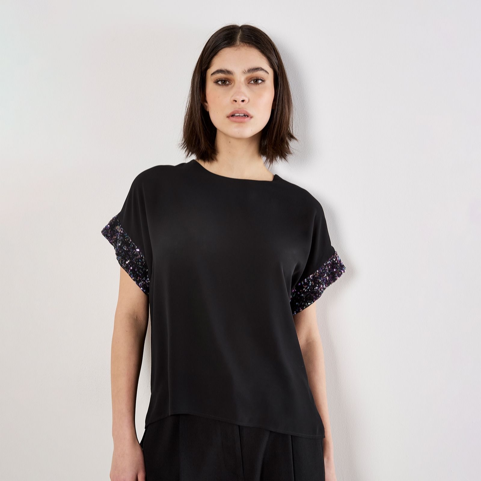 Apricot Swirly Sequin Edge Dbl Layer Chiffon Top