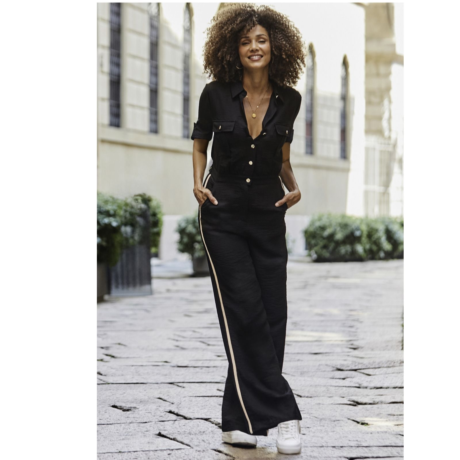 Sosandar Taupe Side Stripe Jumpsuit