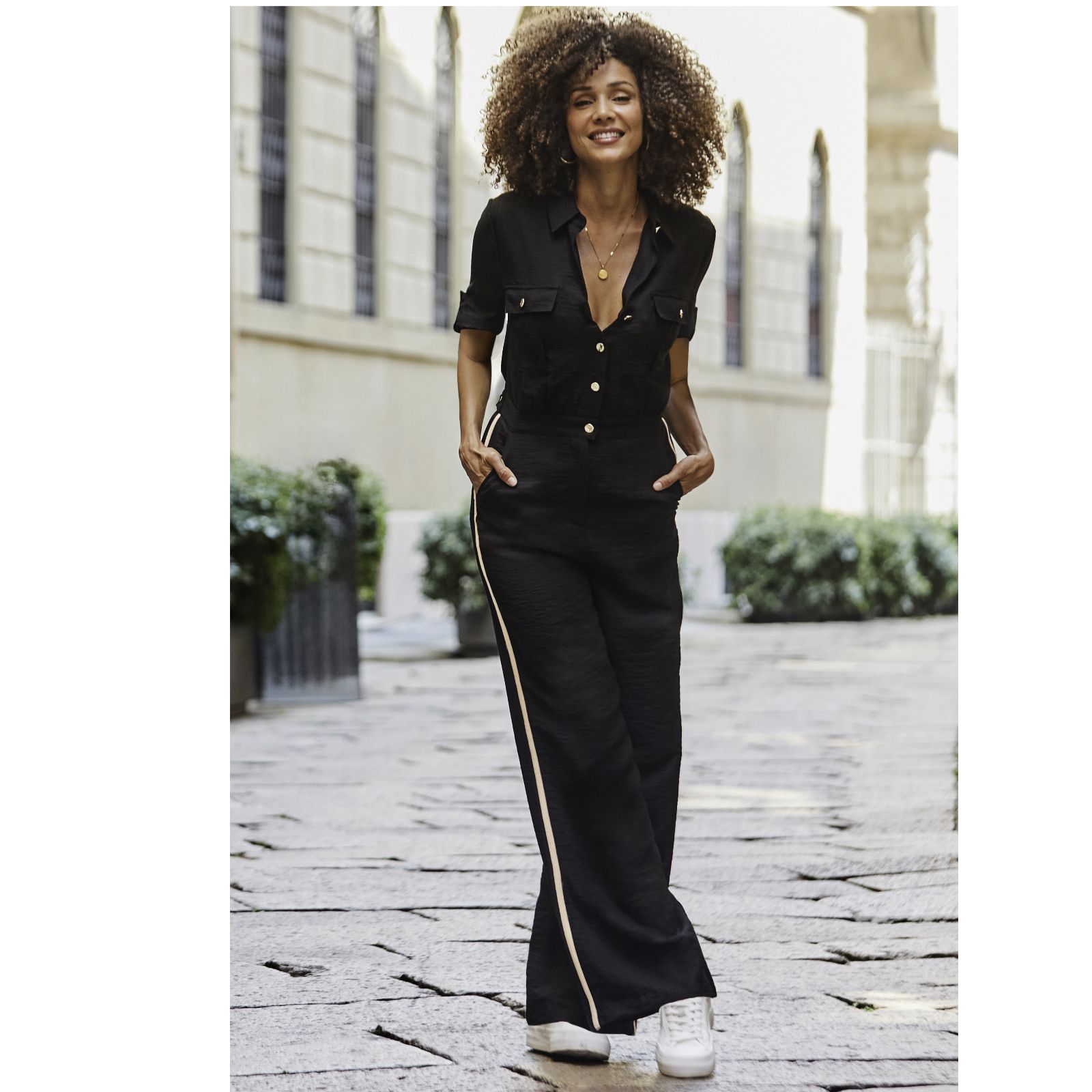 Sosandar Taupe Side Stripe Jumpsuit