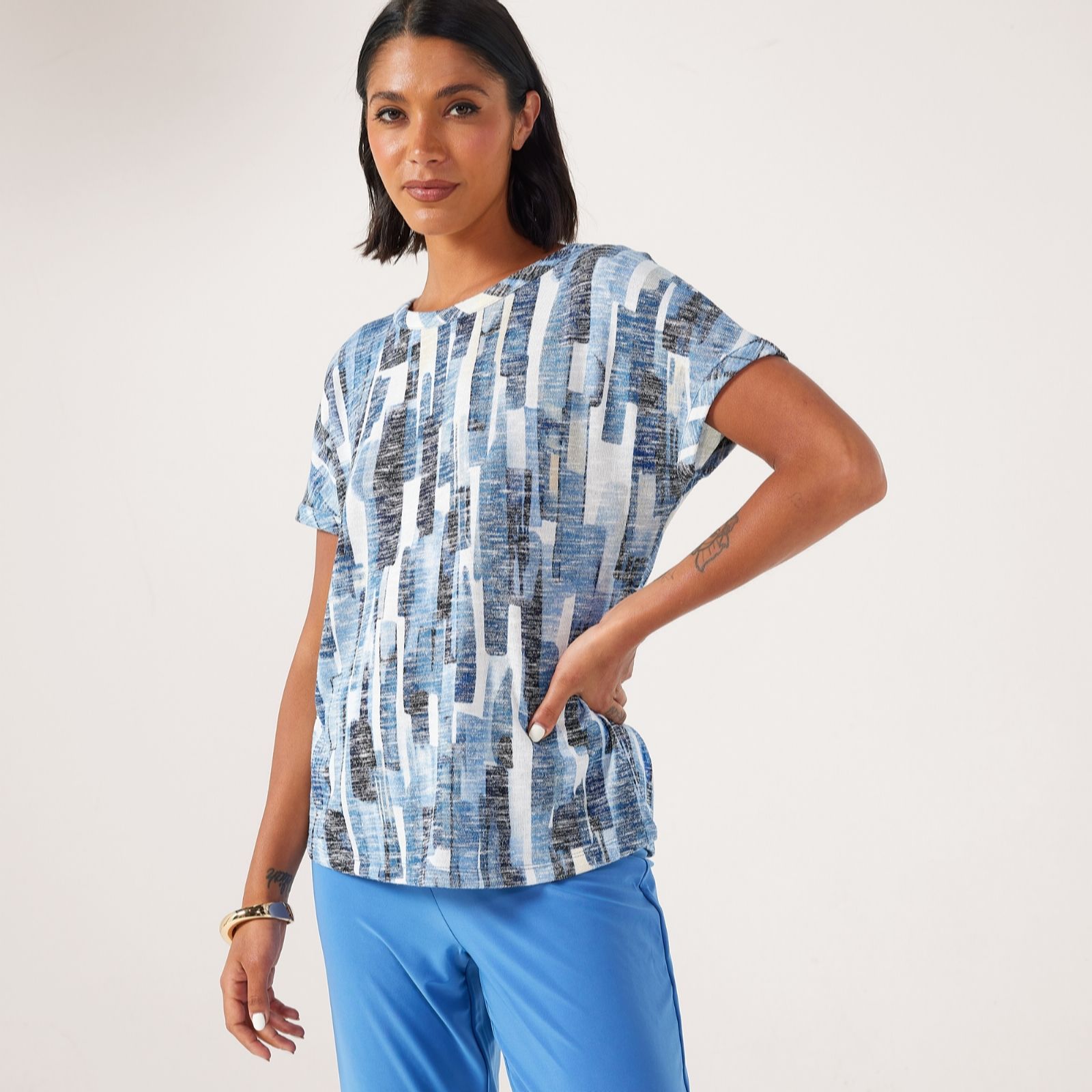 Kim & Co Printed Slub Knit Short Cuffed Sleeve Top