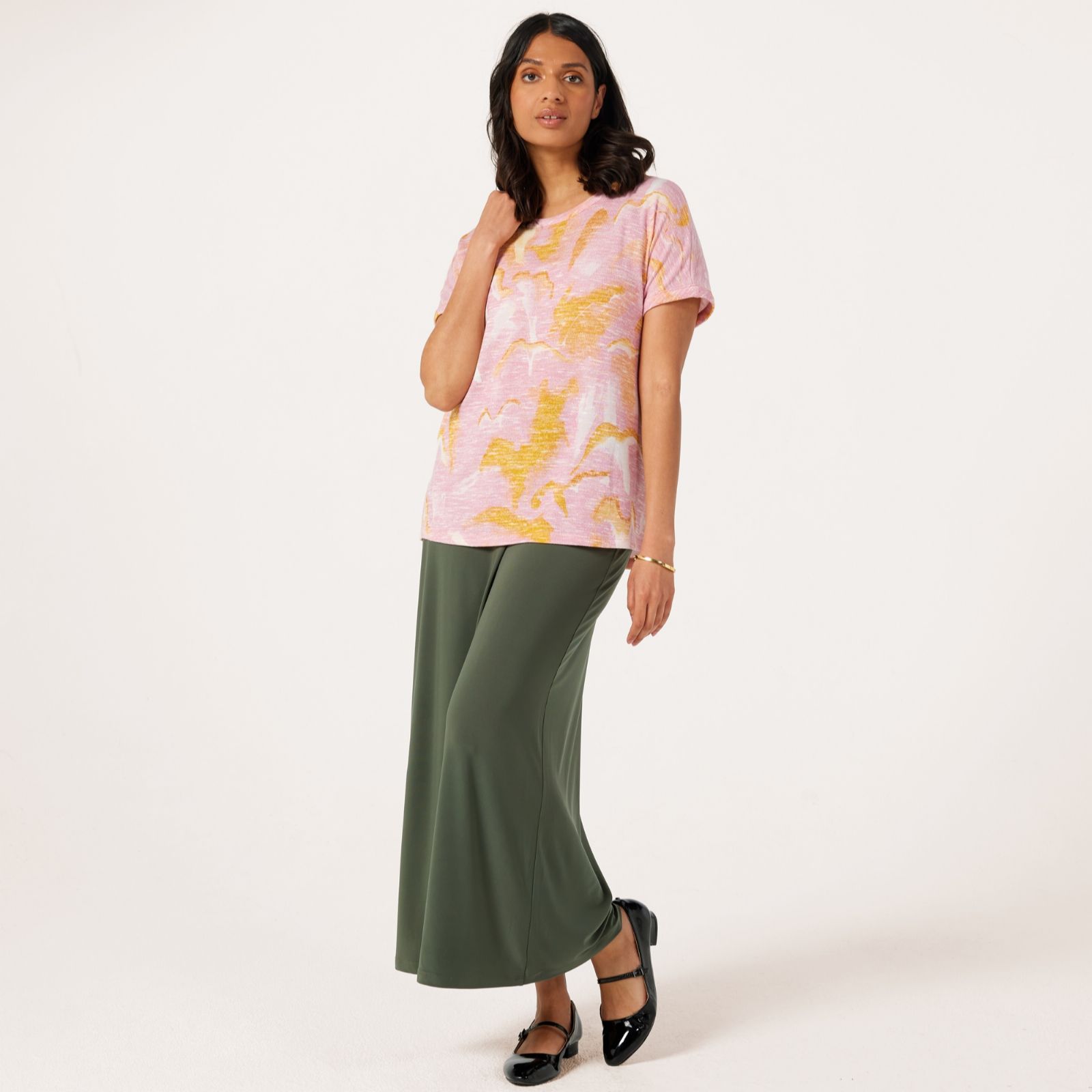 Kim & Co Printed Slub Knit Short Cuffed Sleeve Top