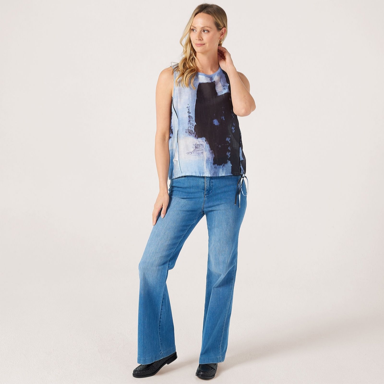 MarlaWynne Collection Printed Sleeveless Top Gathered Hem