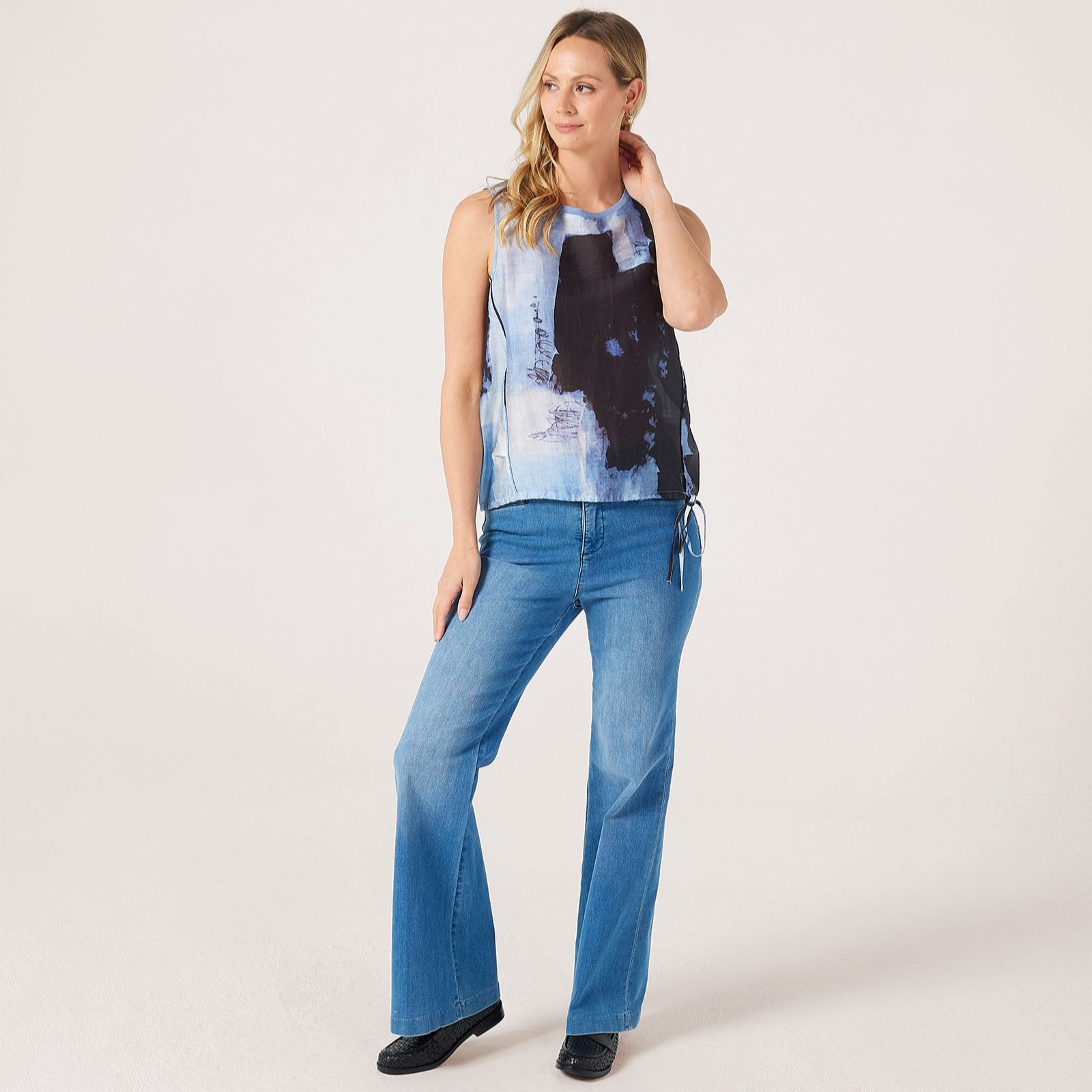 MarlaWynne Collection Printed Sleeveless Top Gathered Hem