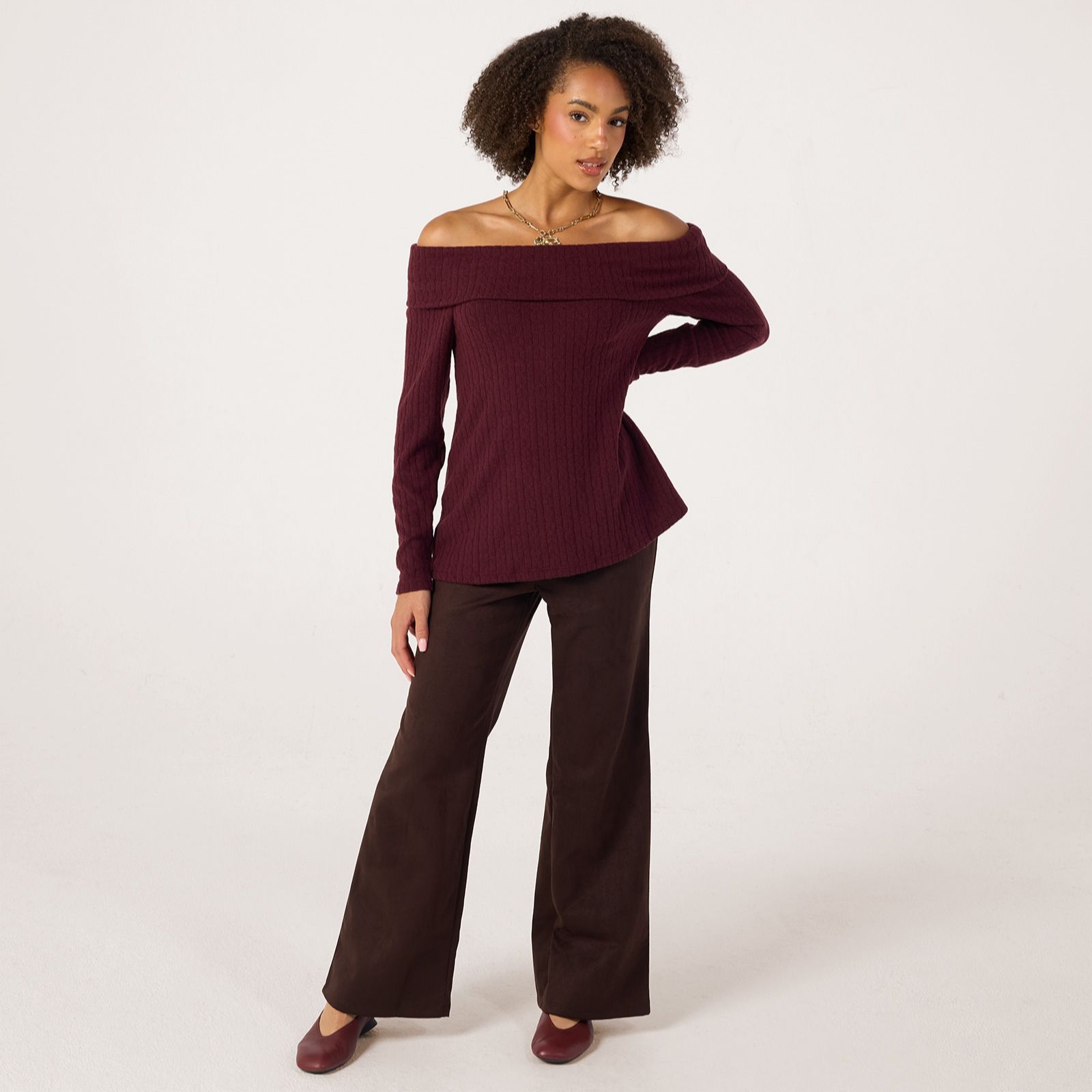 Kim & Co Fine Cable Knit Off-Shoulder Jumper Top