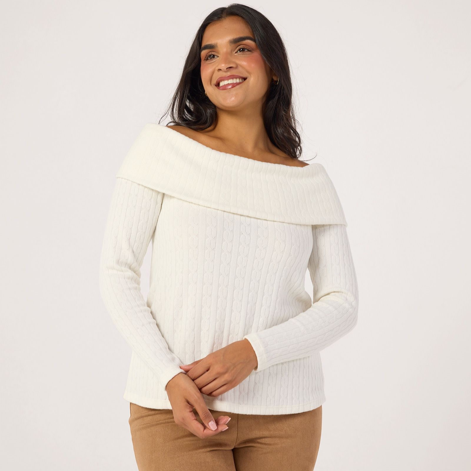 Kim & Co Fine Cable Knit Off-Shoulder Jumper Top