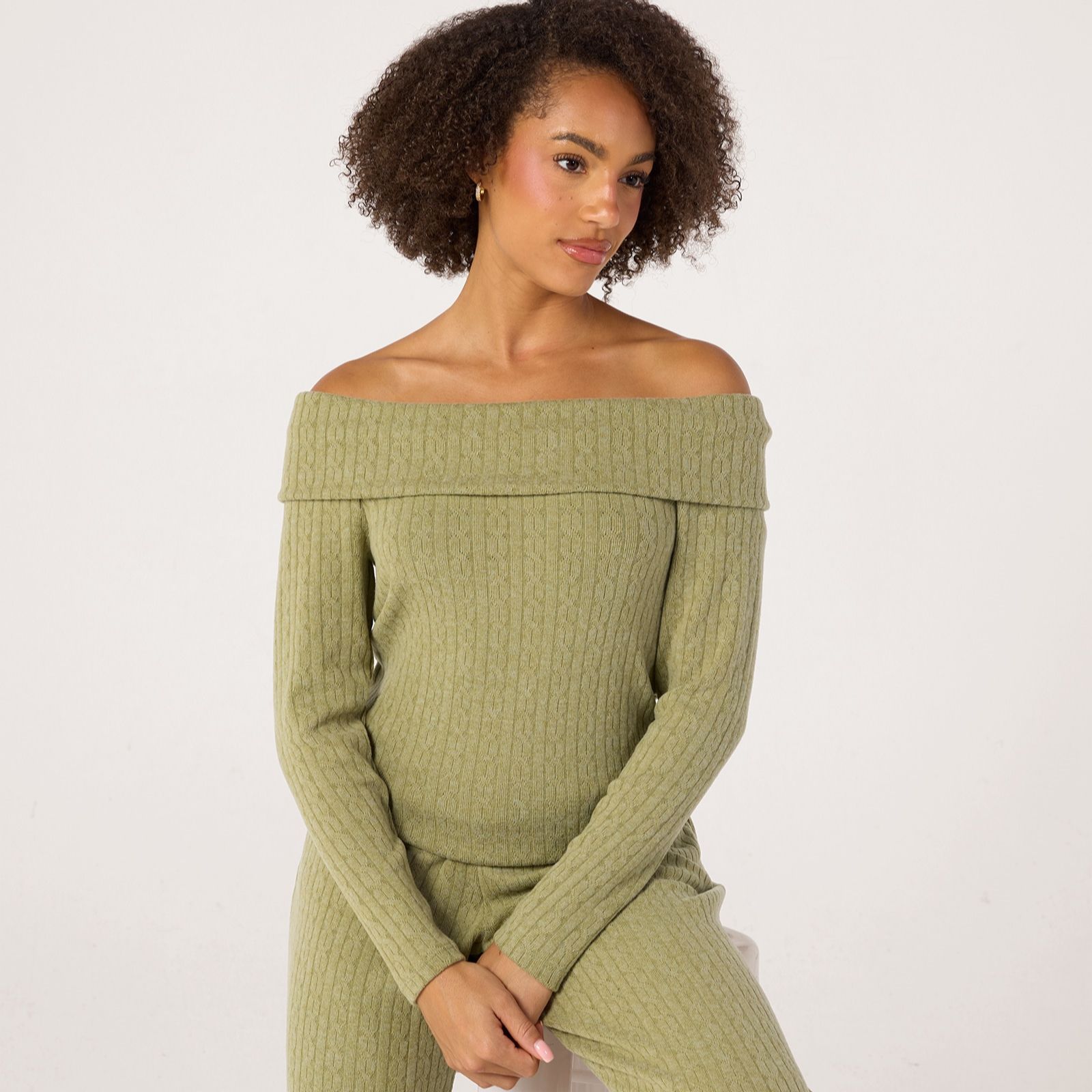 Kim & Co Fine Cable Knit Off-Shoulder Jumper Top
