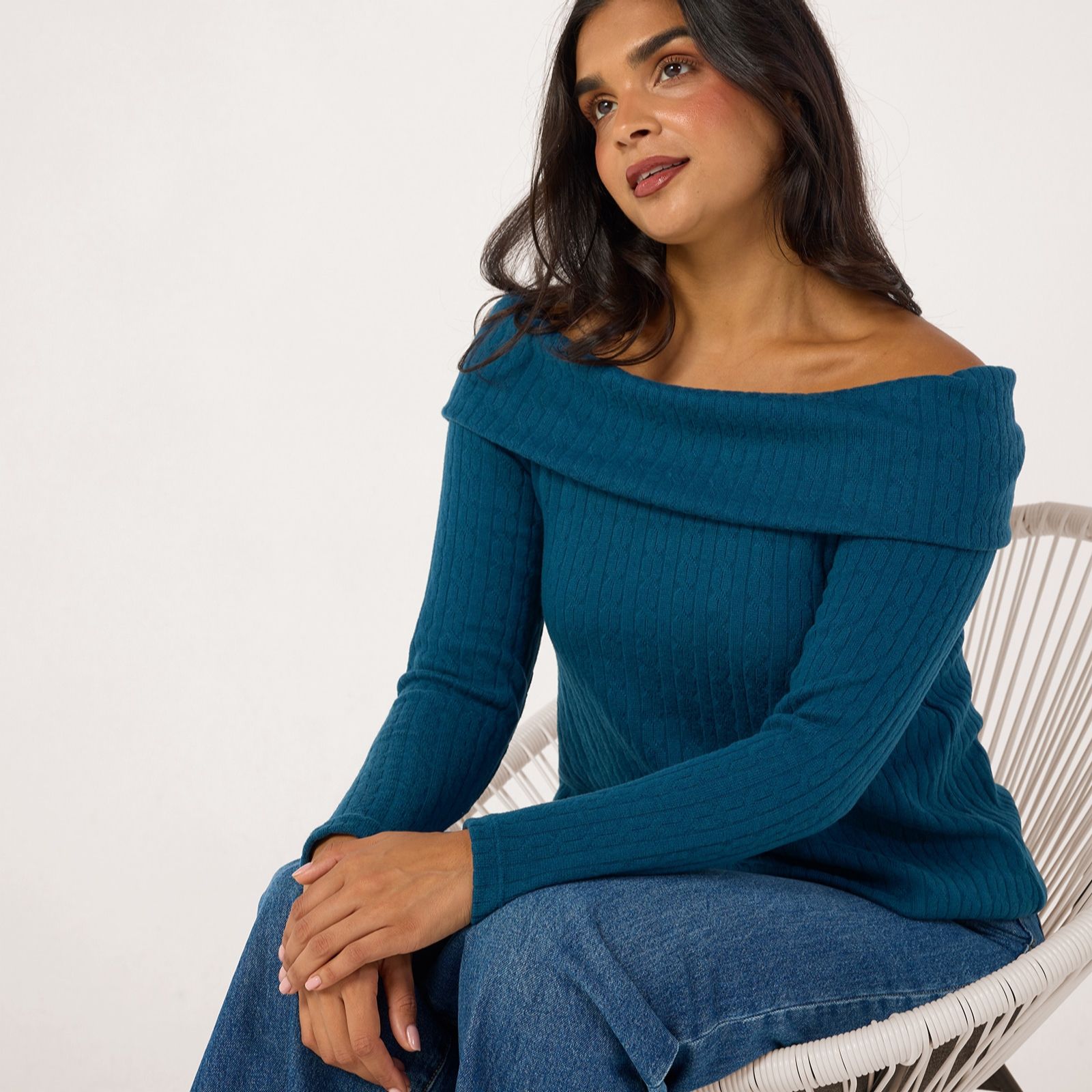 Kim & Co Fine Cable Knit Off-Shoulder Jumper Top