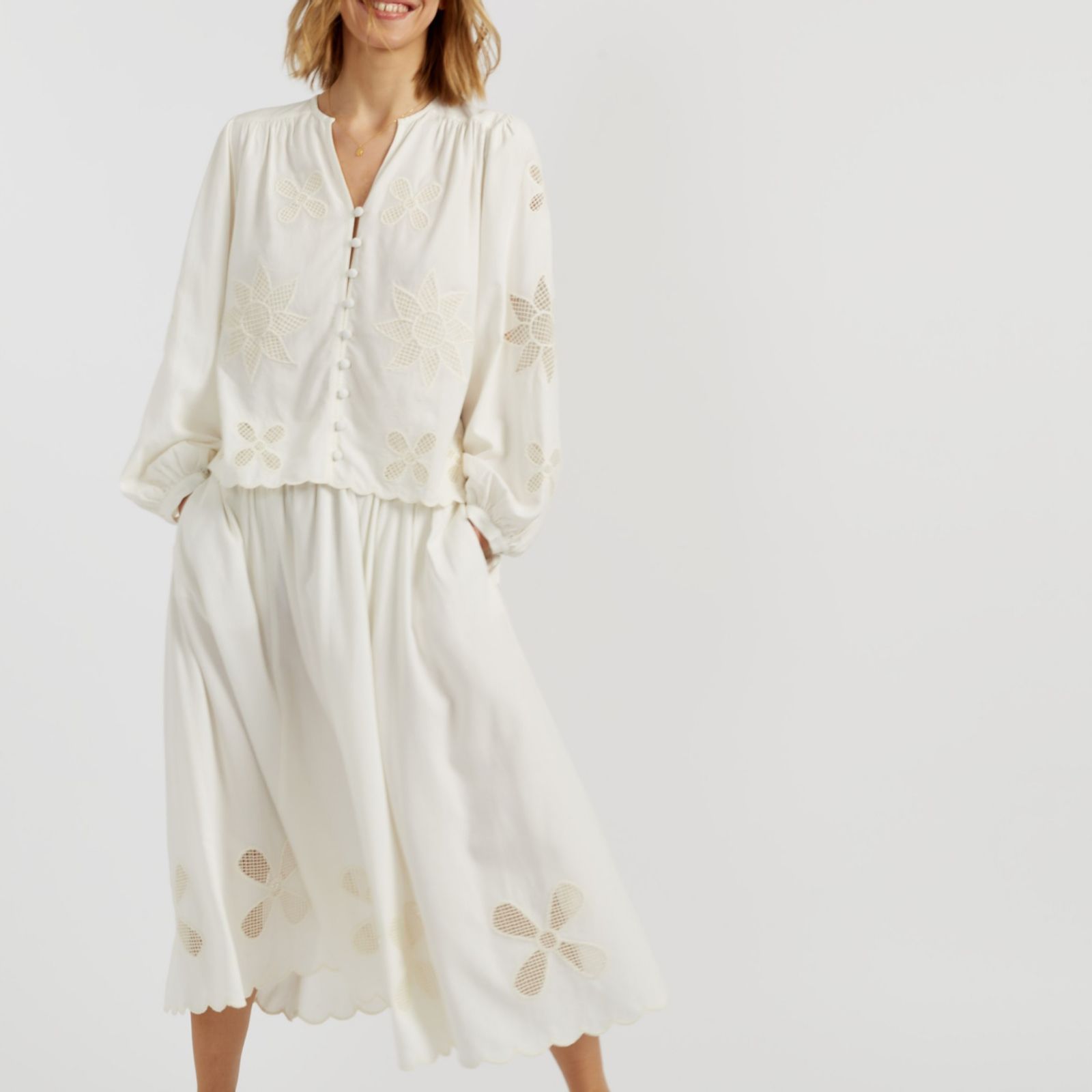 Chinti & Parker Linen Cotton Blend Embroidered Maxi Skirt