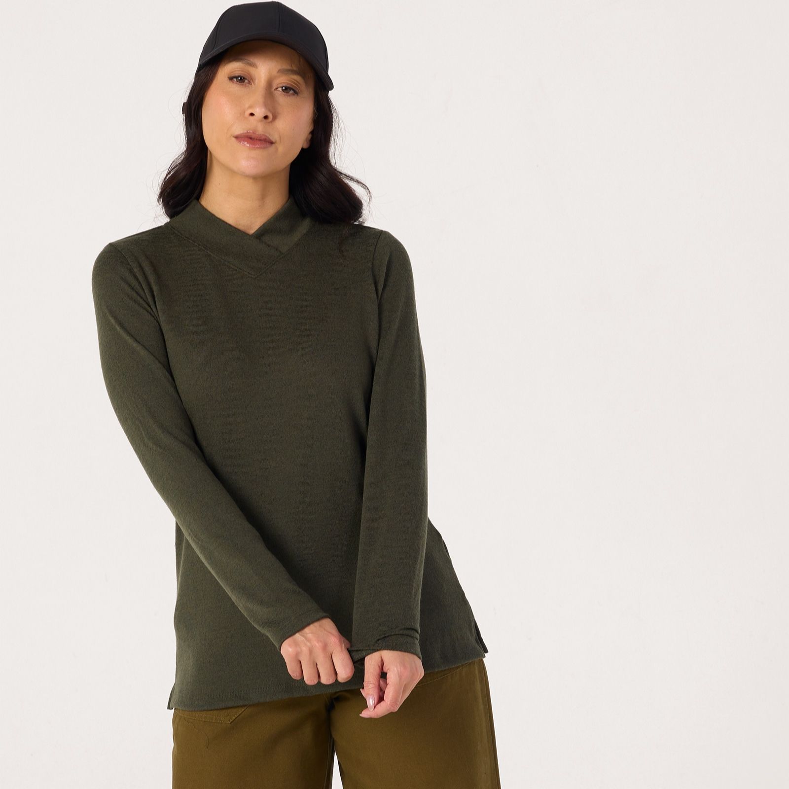 Denim & Co Heavenly Jersey Crossover Mock Neck Long Sleeve Top