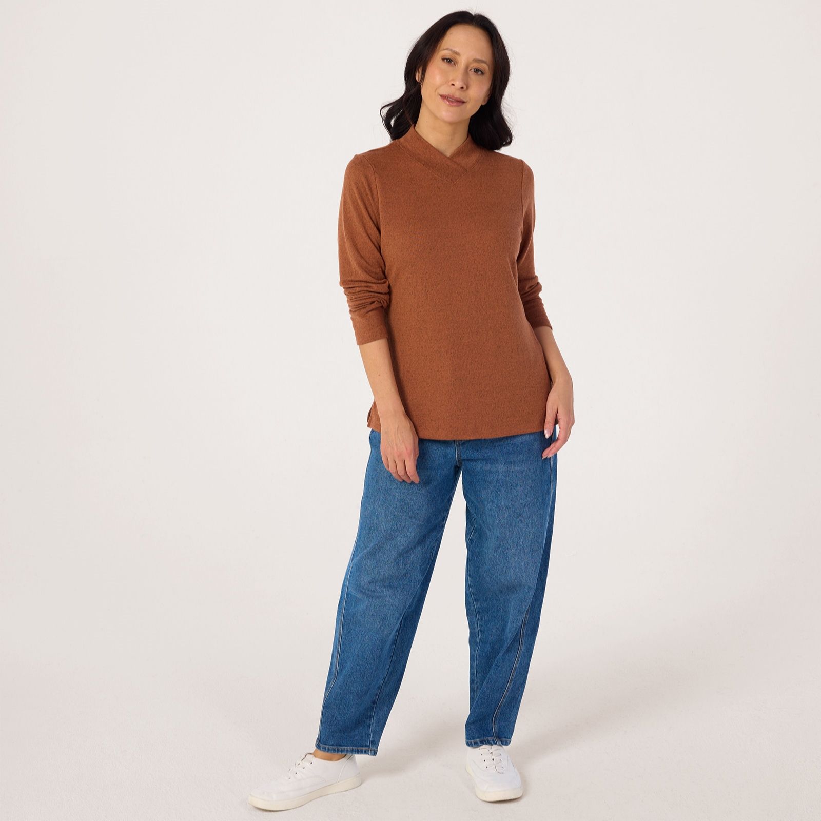 Denim & Co Heavenly Jersey Crossover Mock Neck Long Sleeve Top