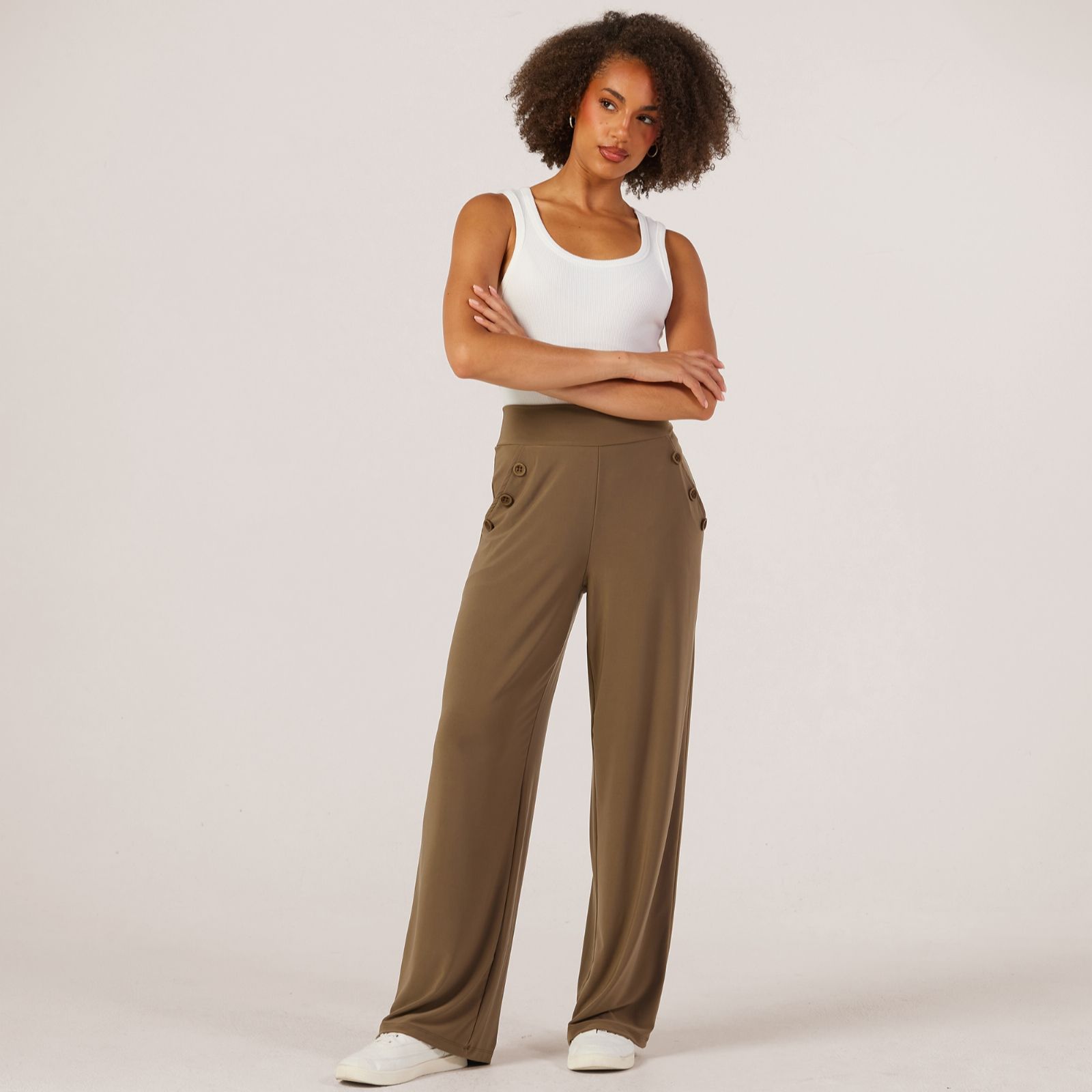 Kim & Co Brazil Jersey Button Detail Wide Leg Trousers Petite