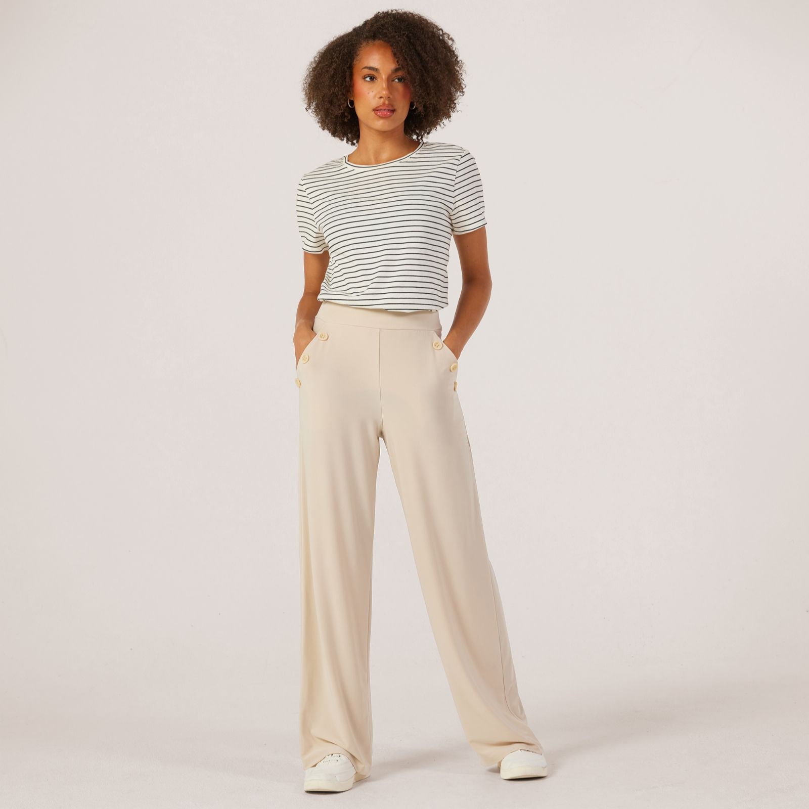 Kim & Co Brazil Jersey Button Detail Wide Leg Trousers Petite