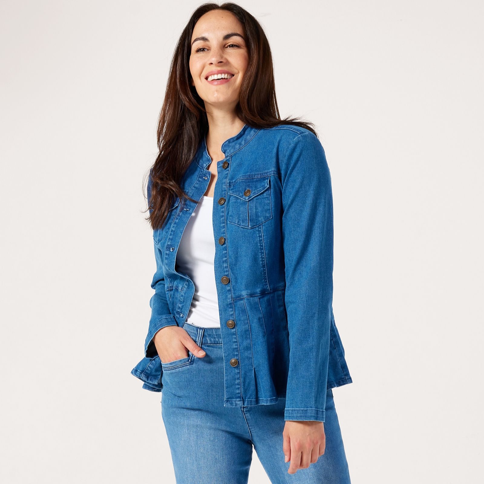 Nina Leonard Mandarin Waisted Denim Stretch Jacket with Pockets