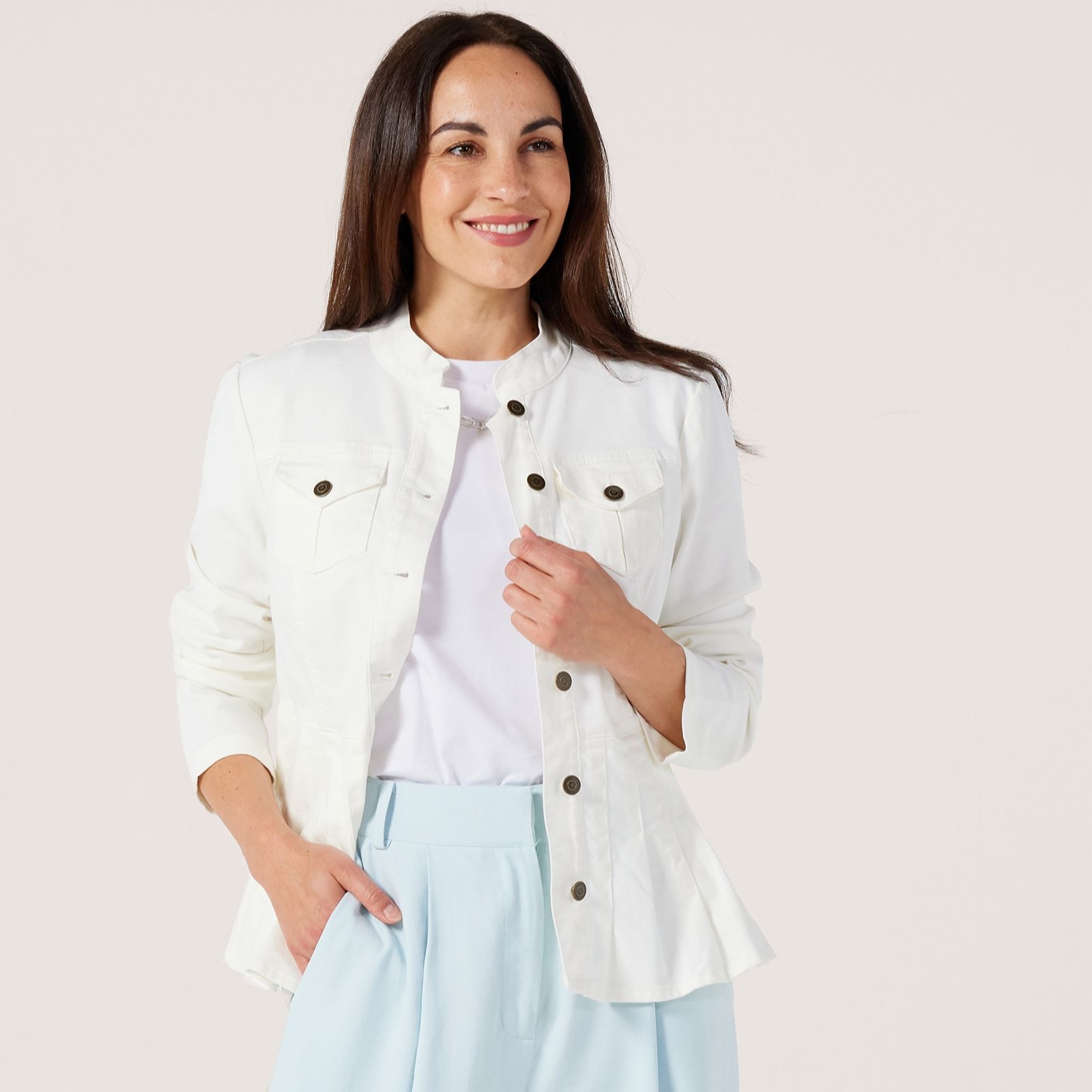 Nina Leonard Mandarin Waisted Denim Stretch Jacket with Pockets