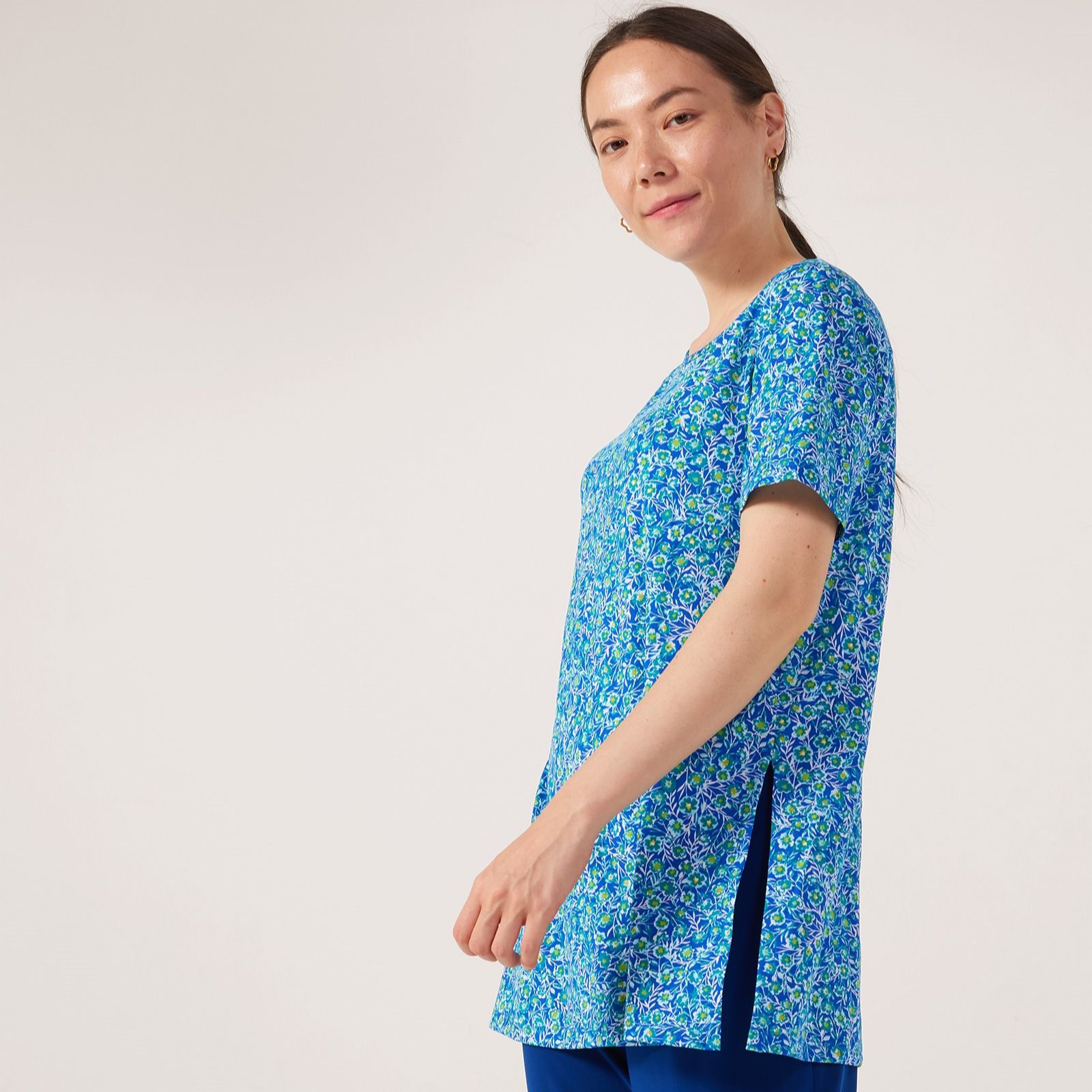 Kim & Co Printed Brazil Jersey Short Sleeve Tunic with Side Slits