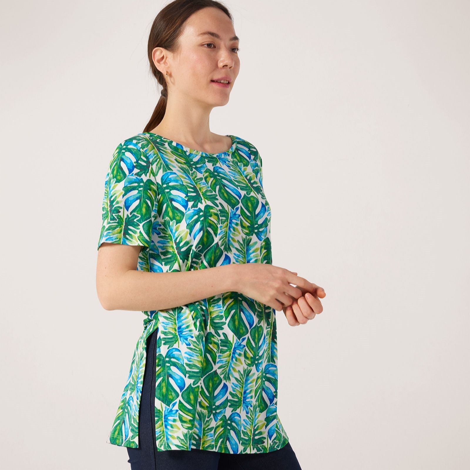 Kim & Co Printed Brazil Jersey Short Sleeve Tunic with Side Slits