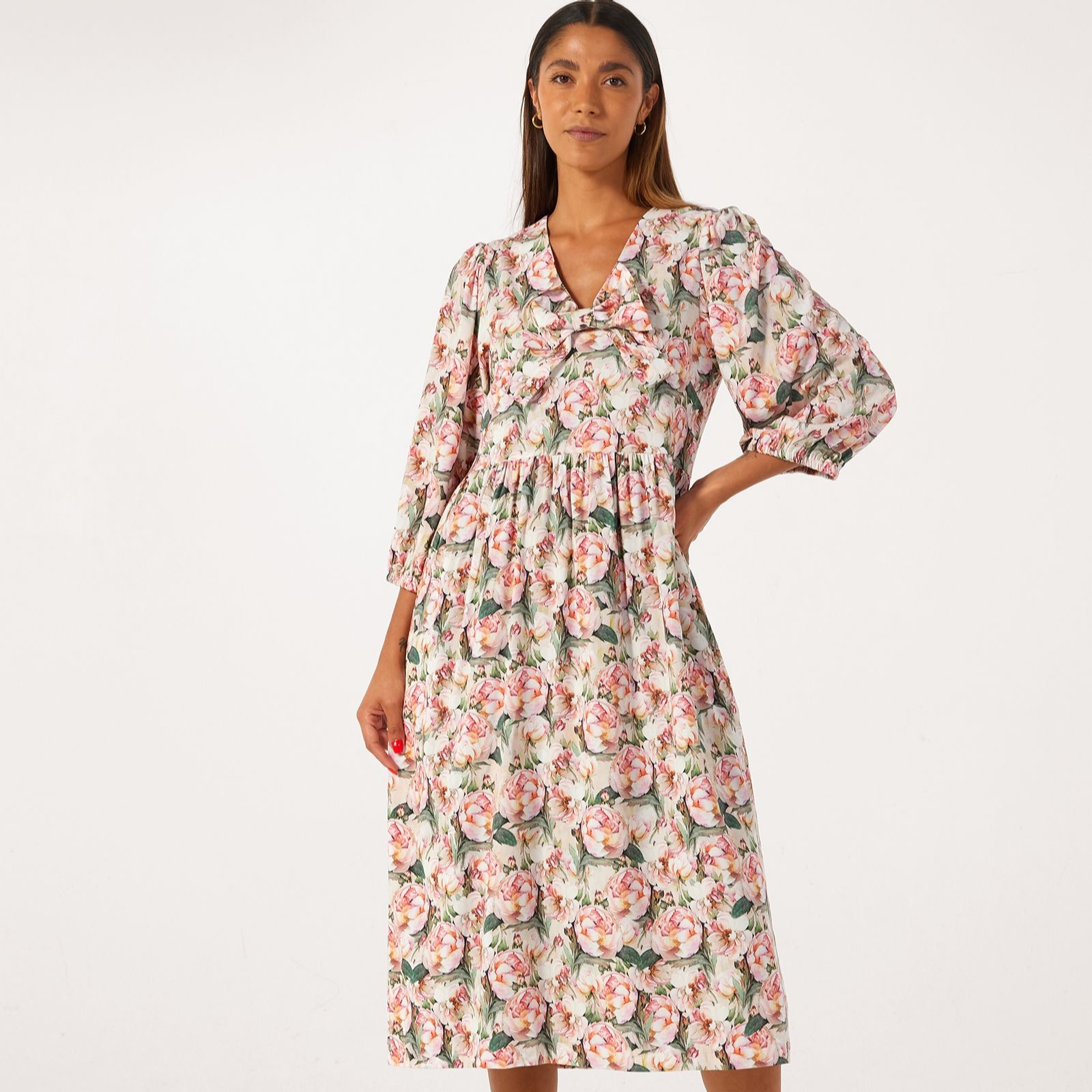 Helene Berman Pink Peony Flower Print Bow Dress